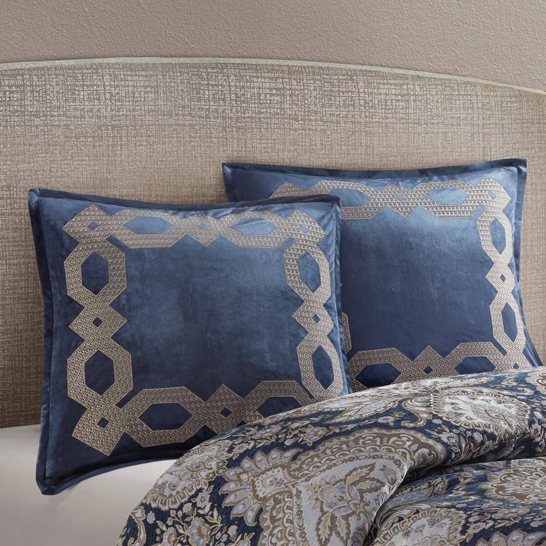 Alt View 2. Gracie Mills - Gracie Mills Mallor Geometric Embroidered Velvet European Pillow Sham - Navy.