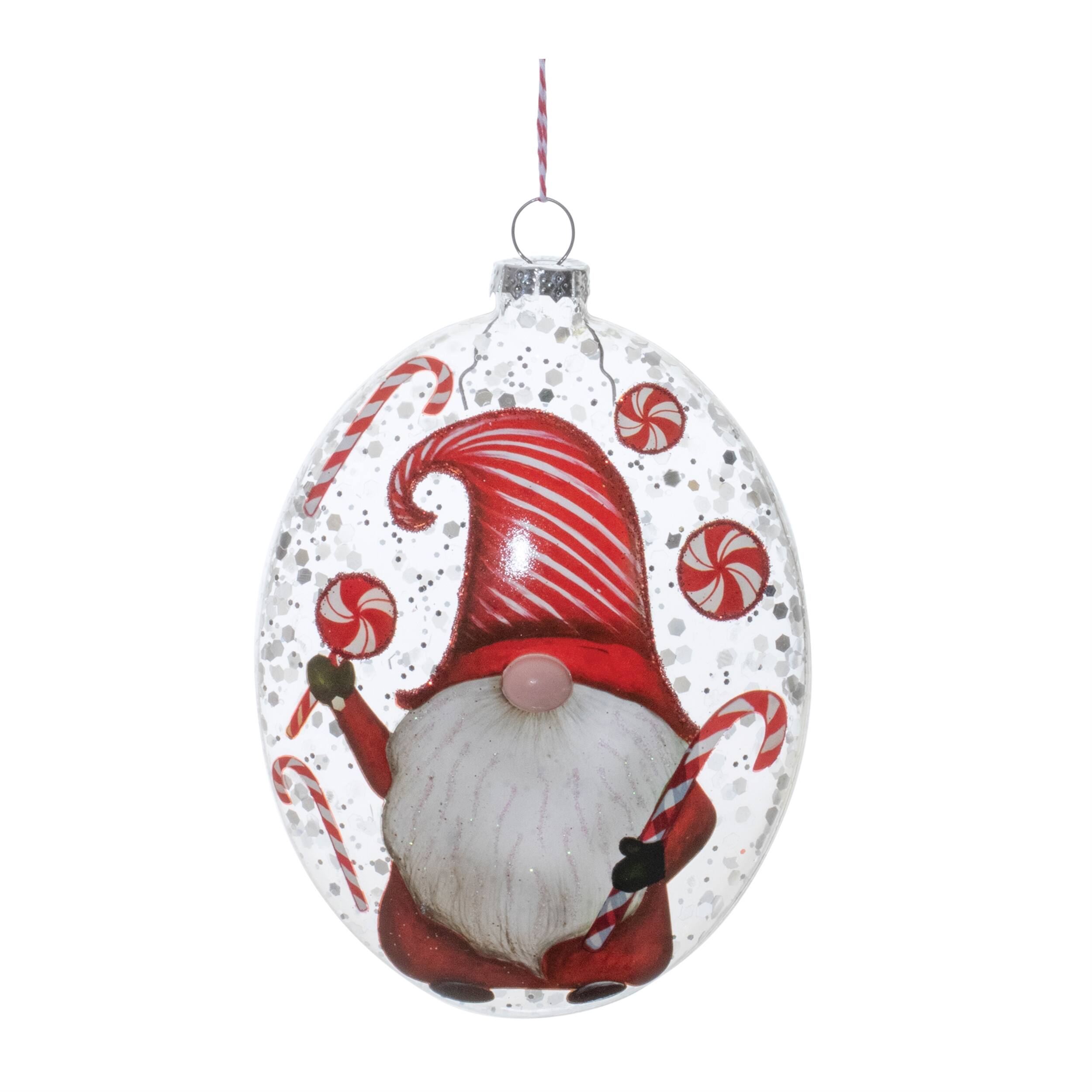 Left. BreeBe - Glass Peppermint Gnome Disc Ornament (Set of 12) - Red, White.