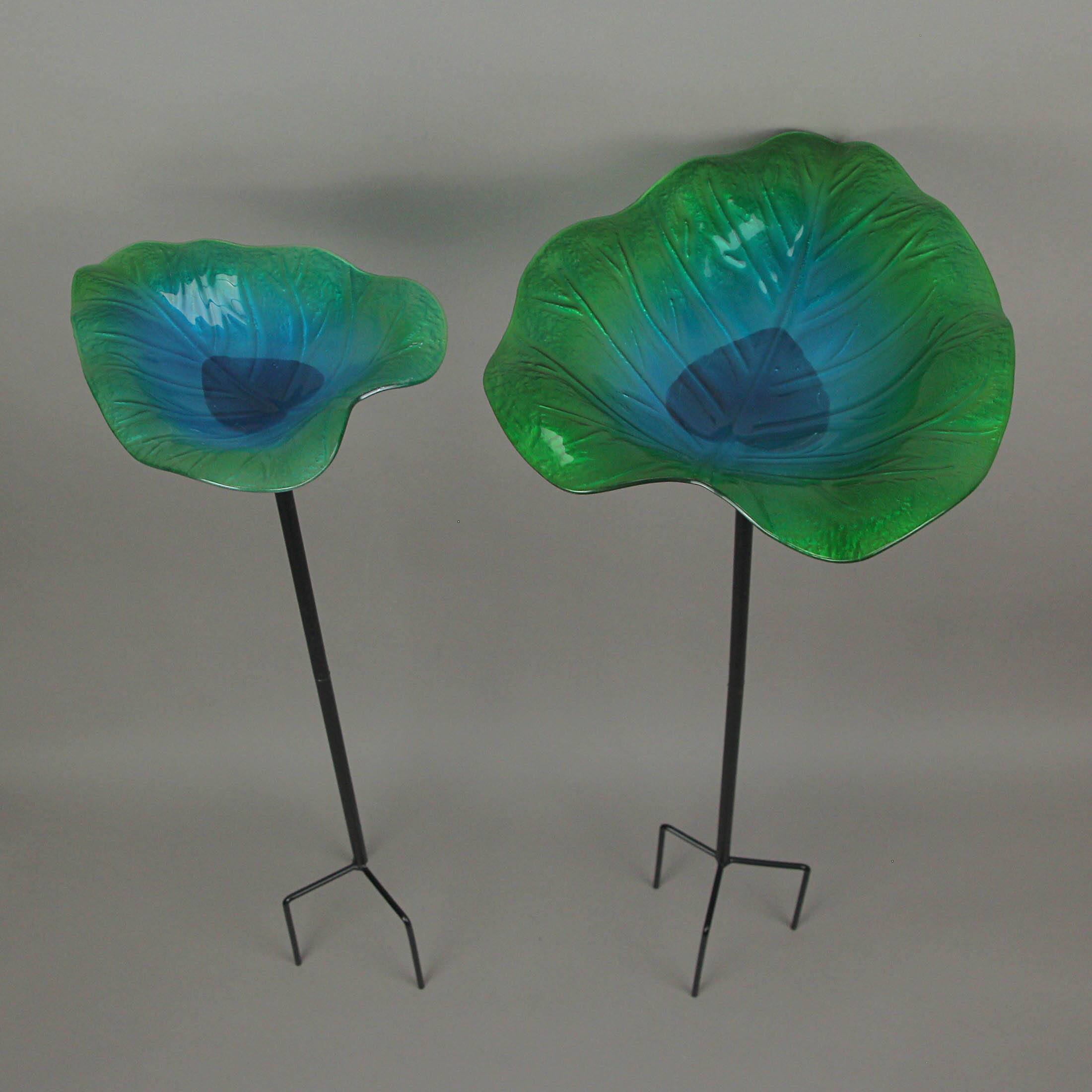 Alt View 1. The Gerson Companies - Set of 2 Green Blue Glass Leaf Bird Bath Garden Stakes Outdoor Home Yard Decor - Multicolored.