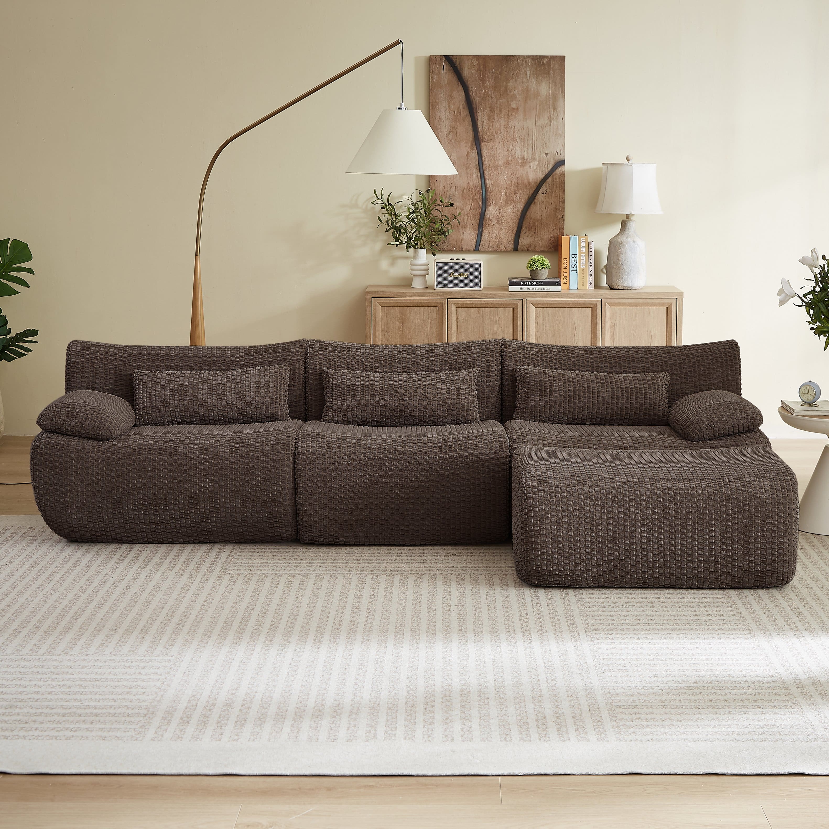 Anysun - 4 Seat L Shaped Modular Sectional Sofa with Cloud Comfort, Corduroy Fabric & No Assembly for Living Room - Brown