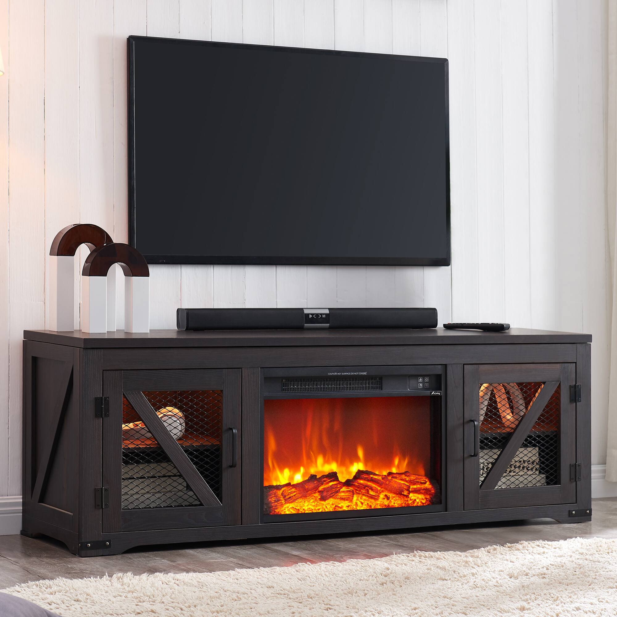 Front. Living Essentials Corp - Ashton Unfold™ 62" Dark Brown Farmhouse Fireplace TV Stand with Cabinet Doors, Entertainment Center and Media Console - Dark Brown.