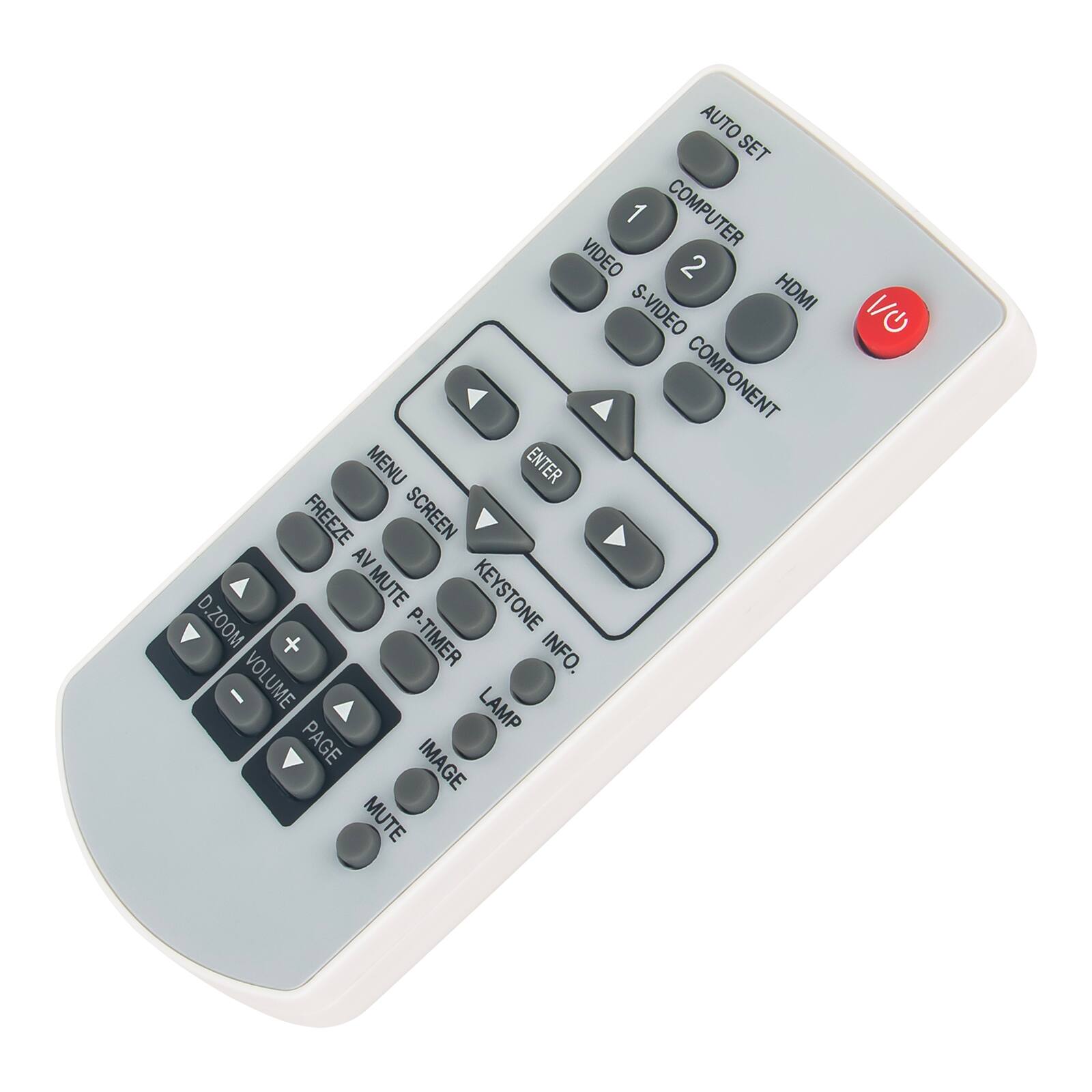 AUTO SET  
1 COMPUTER  
2 VIDEO S-VIDEO COMPONENT HDMI  

MENU  
FREEZE SCREEN  
AV MUTE P-TIMER INFO.  
KEYSTONE  
ZOOM +  
VOLUME  
LAMP  
PAGE  
IMAGE  
MUTE  

POWER
