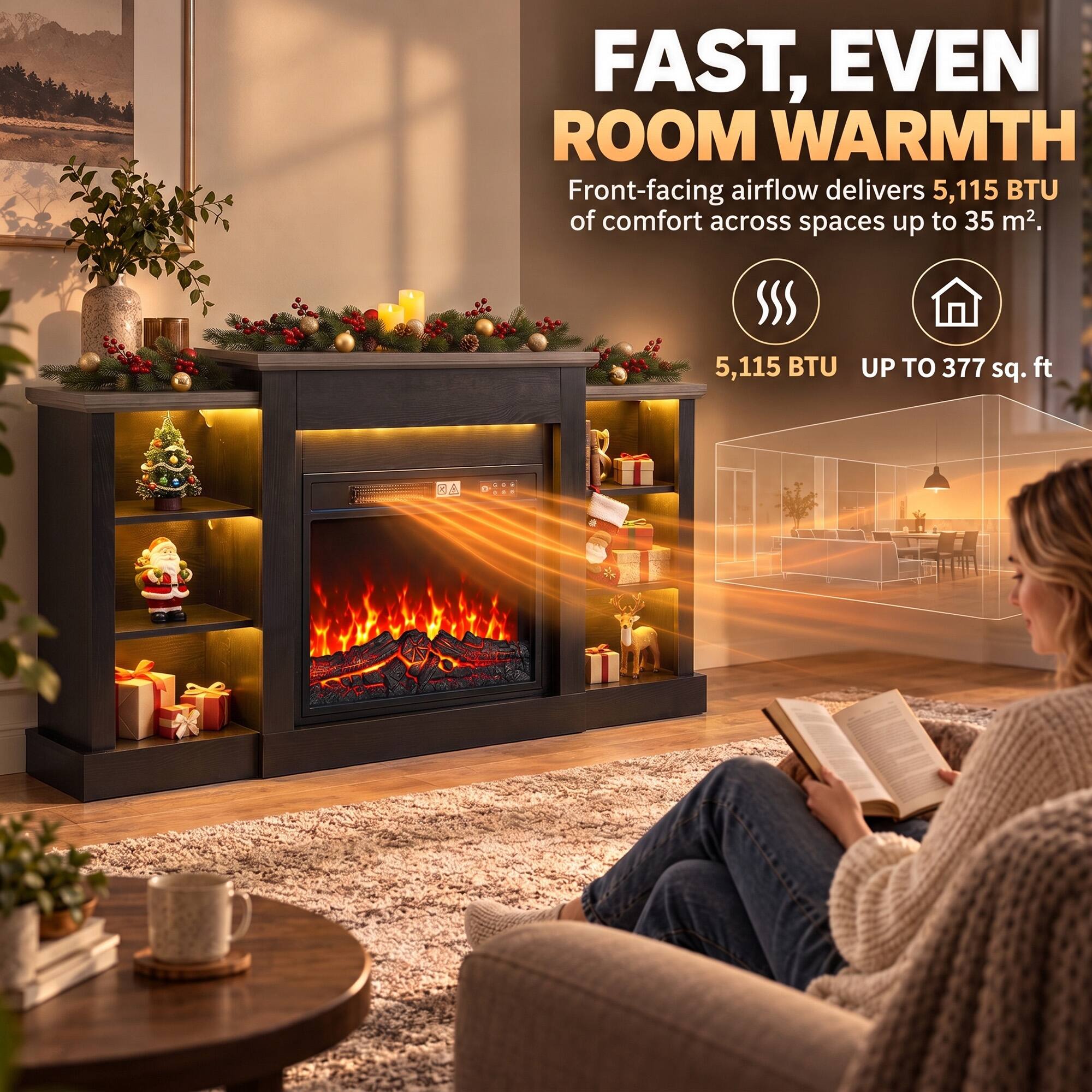 FAST, EVEN ROOM WARMTH  
Front-facing airflow delivers 5,115 BTU of comfort across spaces up to 35 m².  
5,115 BTU UP TO 377 sq. ft