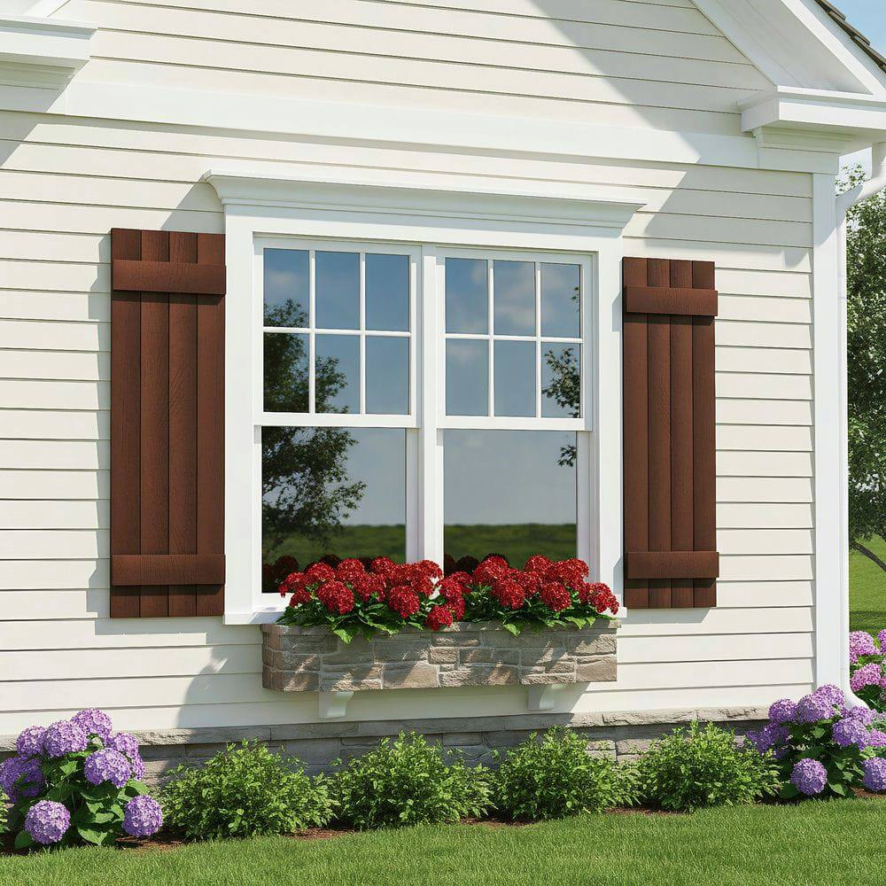 Alt View 2. Kadyn - Classic Board & Batten Faux Shutters with 2 Horizontal Bars for Timeless and Durable Exterior Elegance, 14"x43", Red - Red.