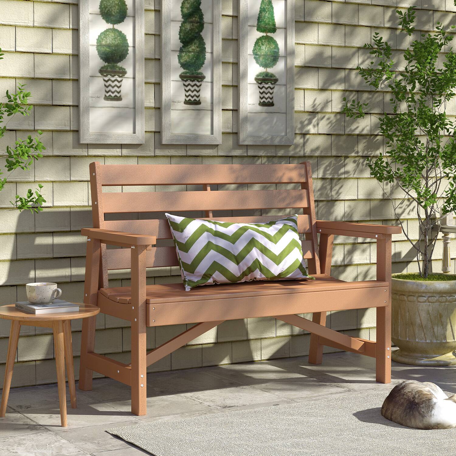 Alt View 2. FODINGHILL - 51.5" Weatherproof HDPE Outdoor Bench, 2-Person Garden Bench for Patio, Backyard & Outdoor Spaces - Teak.