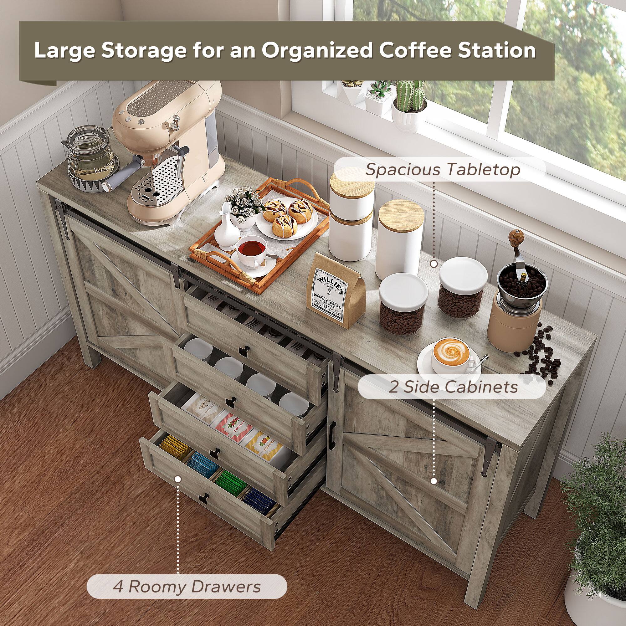 Large Storage for an Organized Coffee Station, Spacious Tabletop, 2 Side Cabinets, 4 Roomy Drawers