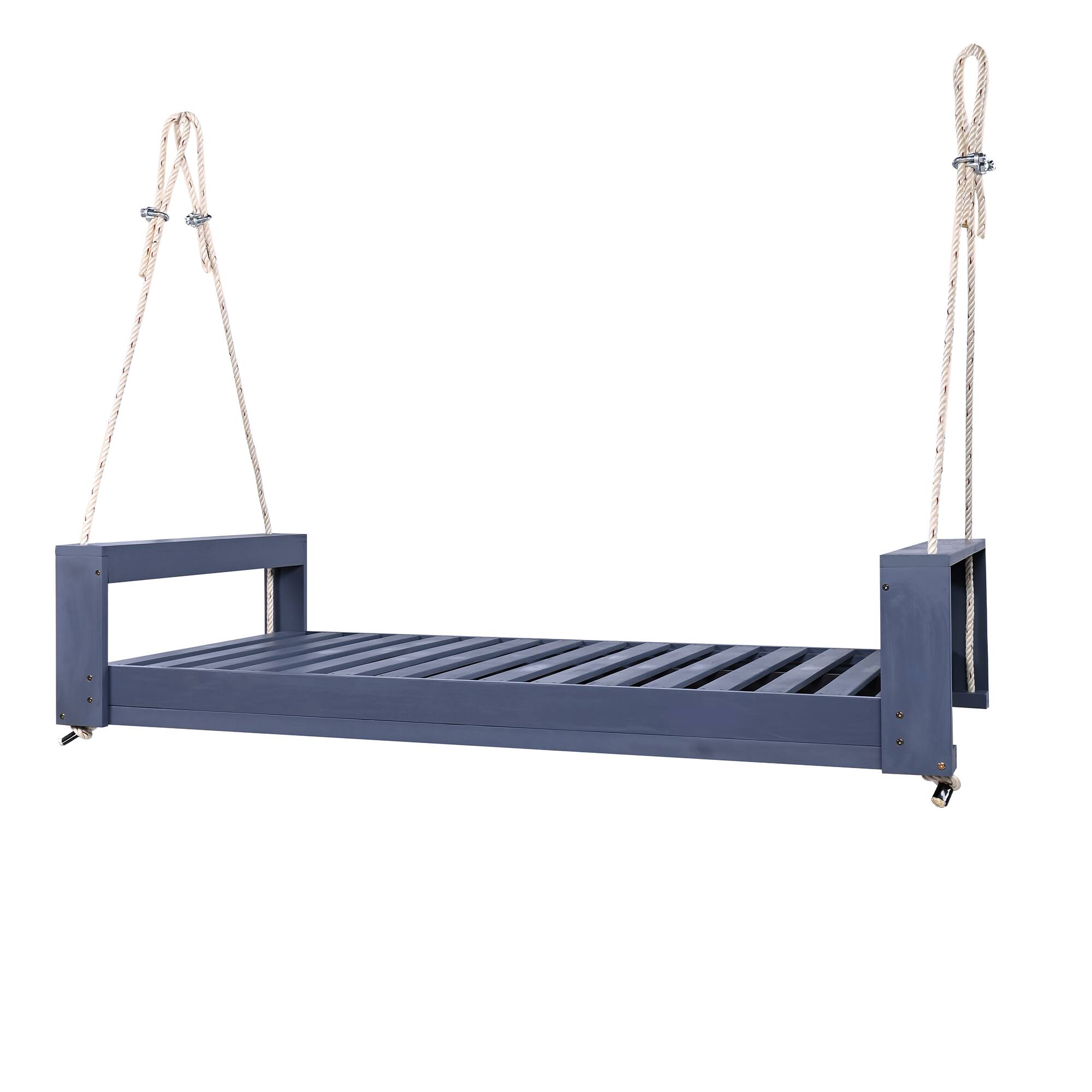 Alt View 4. GOODSILO - Twin Size Porch Swing Bed - Acacia Wood Swing Frame with Hemp Ropes for Garden & Backyard - Gray.