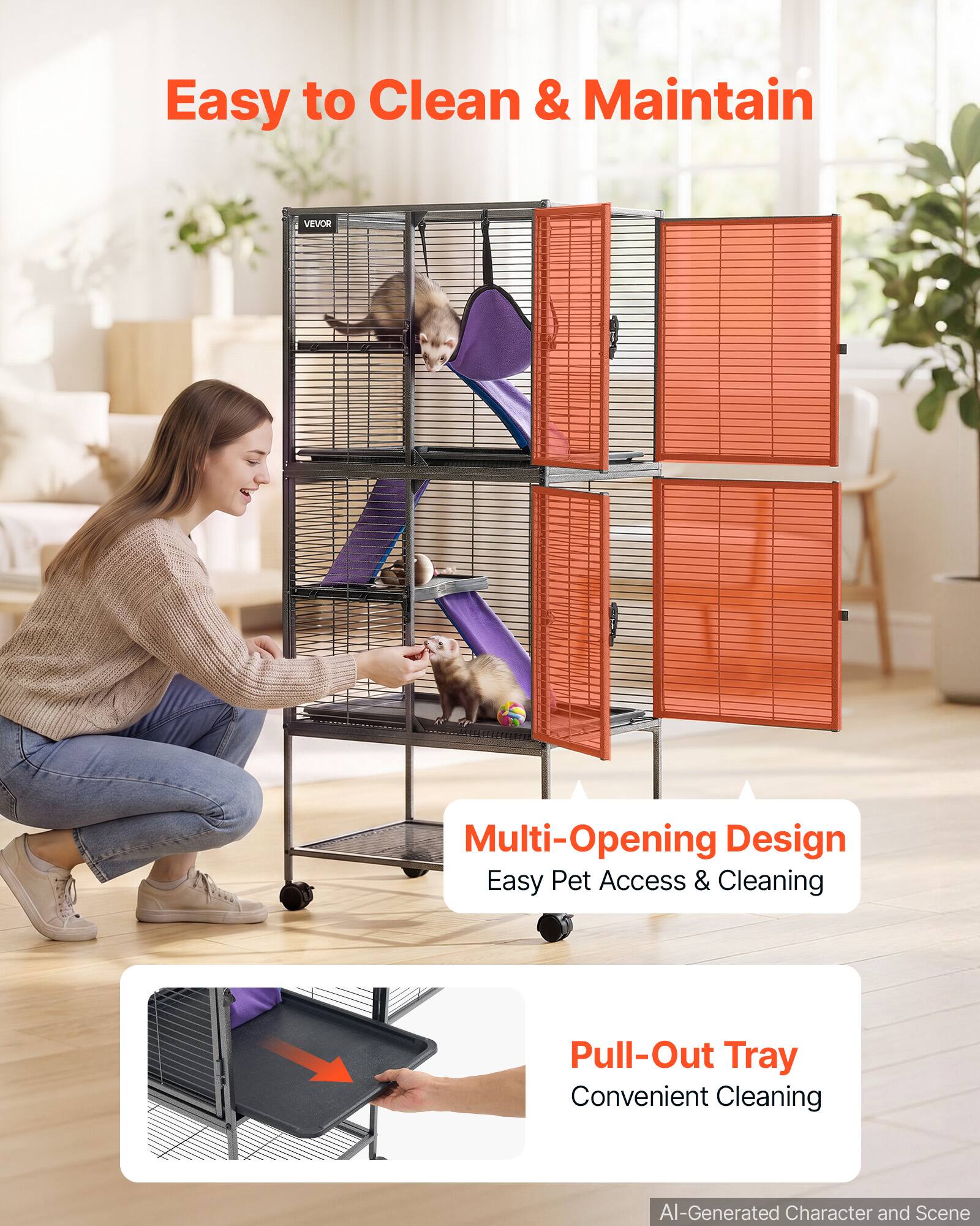 Easy to Clean & Maintain

VEVOR

Multi-Opening Design
Easy Pet Access & Cleaning

Pull-Out Tray
Convenient Cleaning

AI-Generated Character and Scene