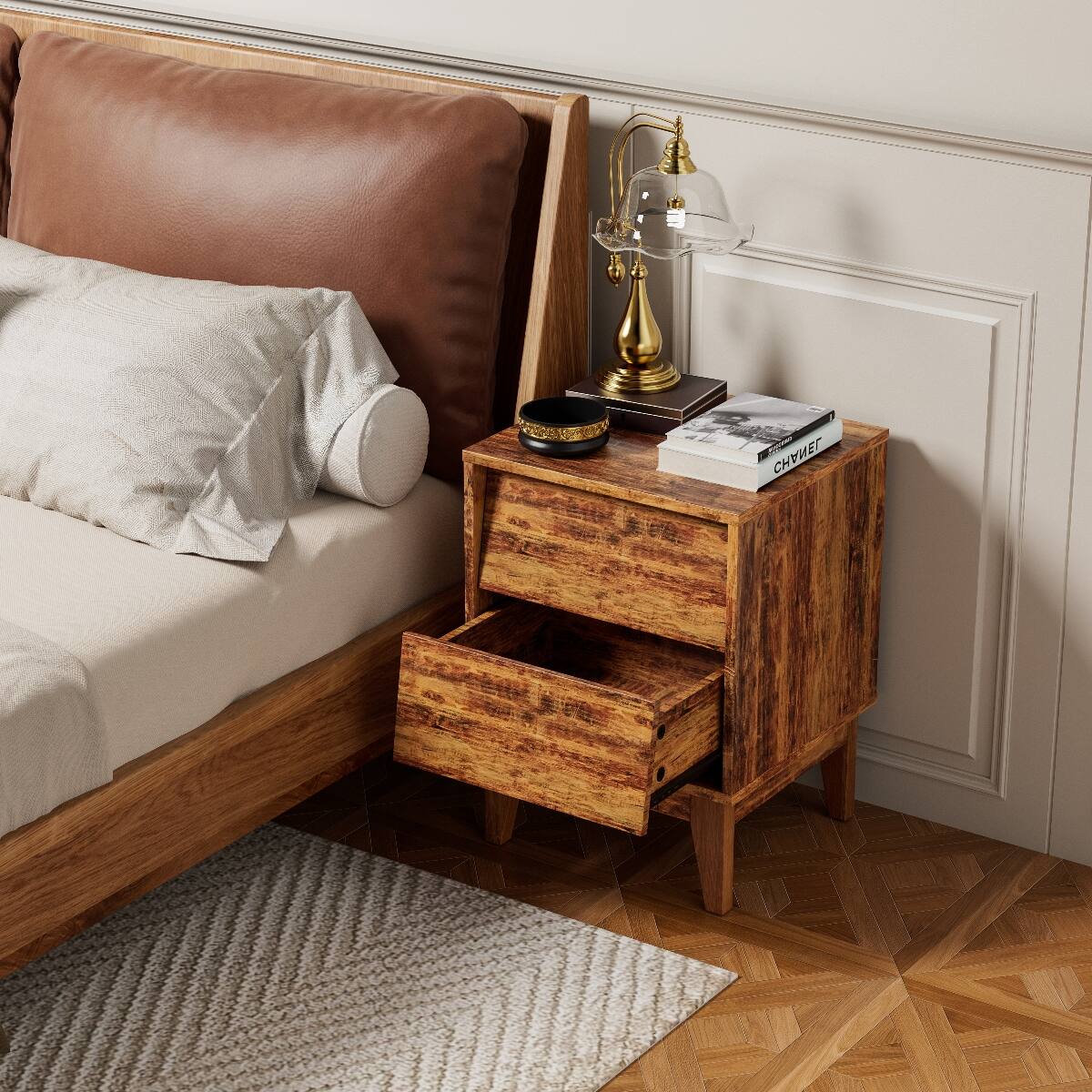 Angle. Loheer - Loheer 2 Piece Nightstand Set, Mid Century Modern Brown MDF Bedroom Tables - Brown.
