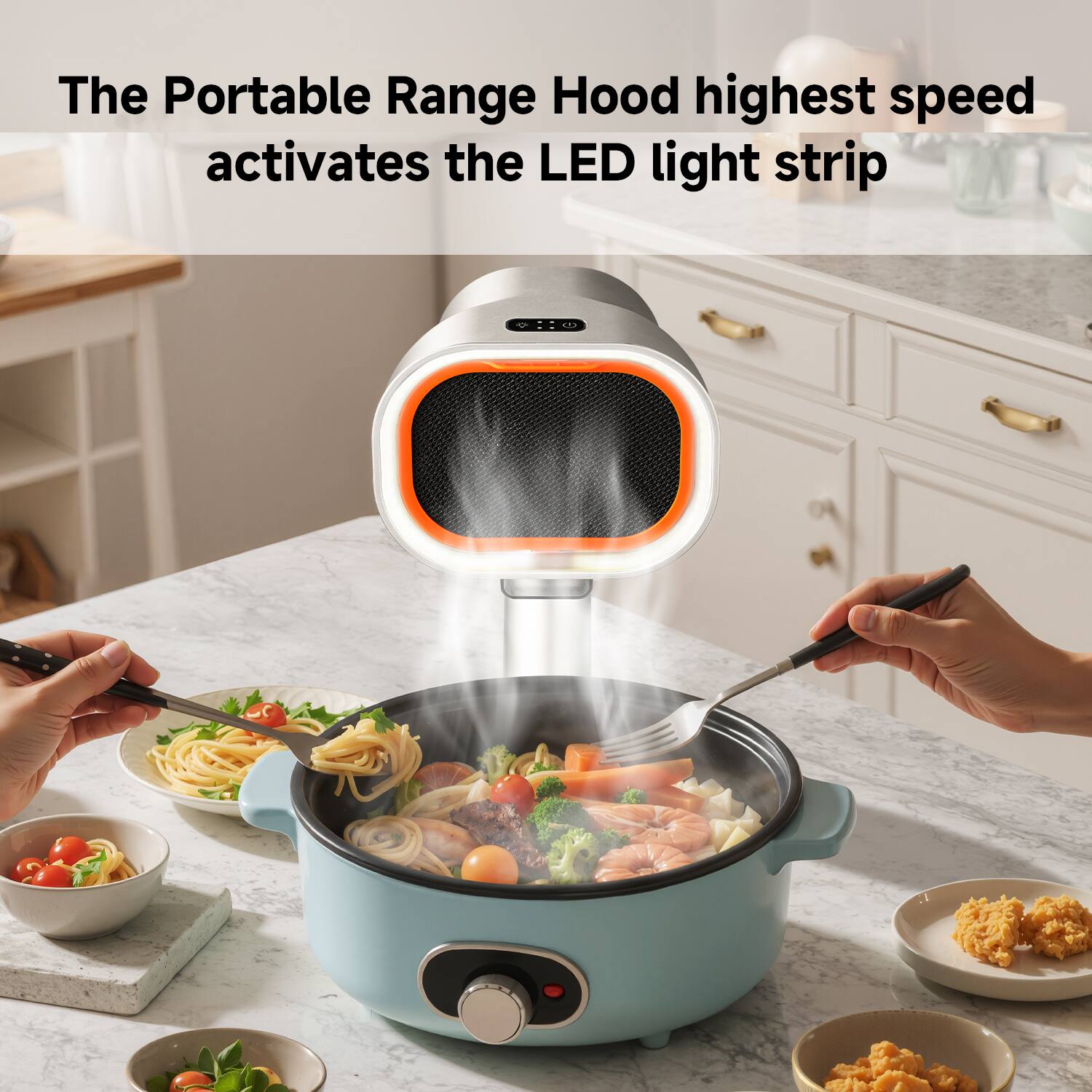 The Portable Range Hood highest speed activates the LED light strip