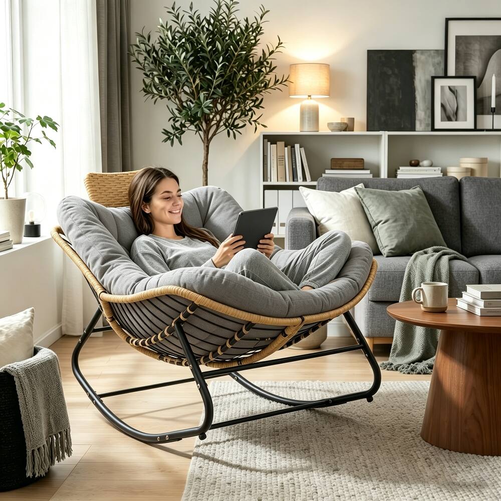 Alt View 3. Loheer - Loheer 39.37" Papasan Rocking Chair Outdoor Egg Chair Dark Grey - Dark Grey.