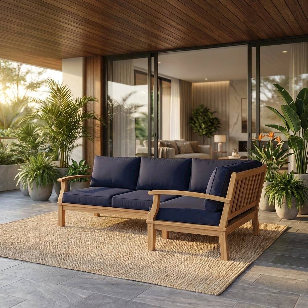 Angle. Outdoor Escape - Teak Outdoor Patio Sofa With Armrests And Cushioned Seat For Lounge Area - Blue.