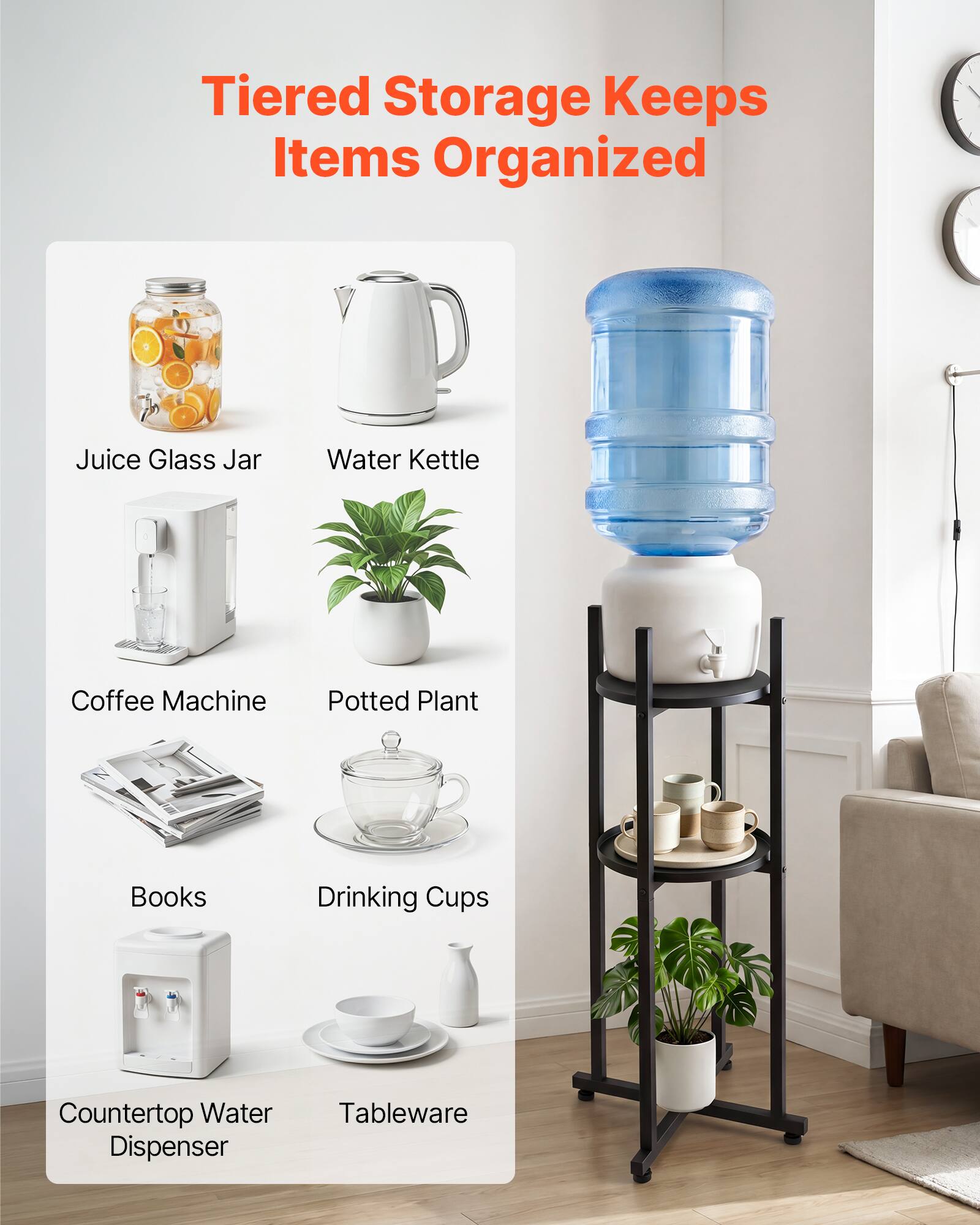 Tiered Storage Keeps Items Organized - Juice Glass Jar, Water Kettle, Coffee Machine, Potted Plant, Books, Drinking Cups, Countertop Water Dispenser, Tableware