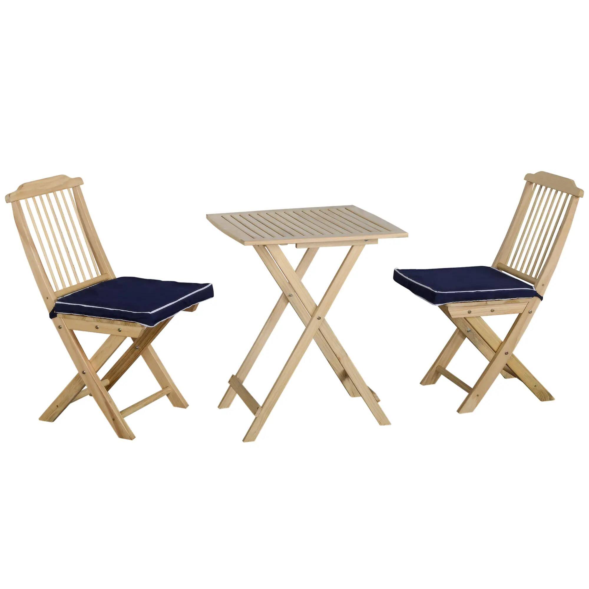Angle. Resenkos - Resenkos 3 Piecess Patio Folding Bistro Set, A Table And Two Chairs, Cushion, Fir Wood Seat, Dark Blue - Dark Blue.