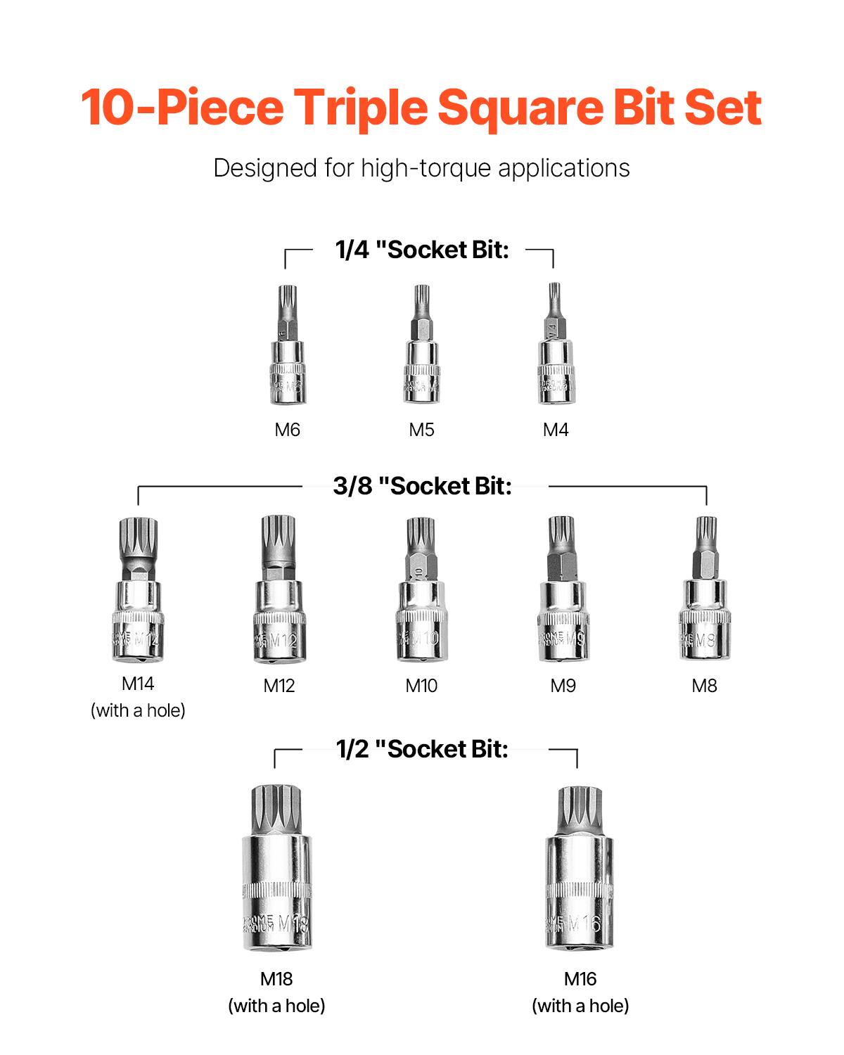 VEVOR XZN Triple Square Spline Bit Socket Set, 10 Piece M4 M18