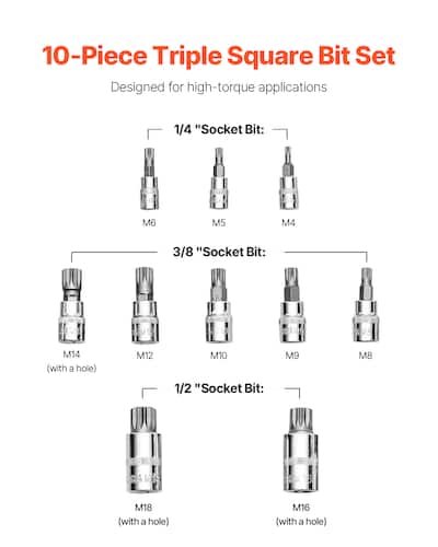 VEVOR XZN Triple Square Spline Bit Socket Set, 10 Piece M4 M18 VEVOR XZN Triple Square Spline Bit Socket Set, 10 Piece M4 M18