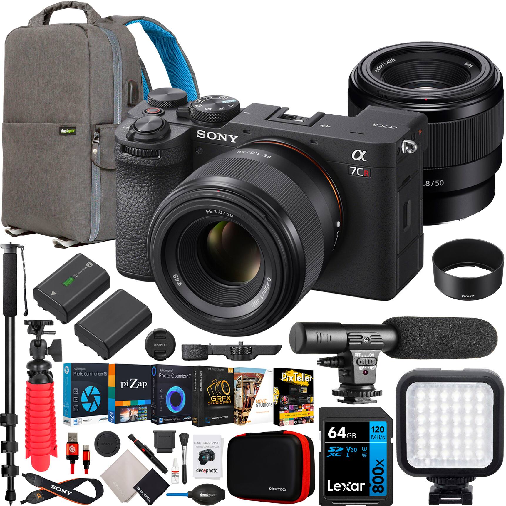 Sure, here is the corrected and grouped text from the image:

---

**Camera and Accessories:**
- SONY α7C II
- FE 1.8/50
- SONY 64GB 120 MB/s V30
- Lexar 800x

**Lens:**
- SONY 85mm 1.8/50

**Bag:**
- neoprene

**Battery and Charger:**
- SONY NP-FZ100
- SONY NP-FZ100

**Memory Card:**
- 64GB 120 MB/s V30

**Lighting:**
- LED Panel Light

**Tripod:**
- Red Tripod

**Remote:**
- SONY Remote

**Microphone:**
- Rode VideoMicro

**Other Accessories:**
- SONY Strap
- Decphoto
- PixTeller
- Photo Commander 1
- Photo Optimize 7
- TR GRFX UO DAO
- MOVE PacTele
- STUDIO
- 64GB 120 MB/s V30
- Lexar 800x

**Software:**
-