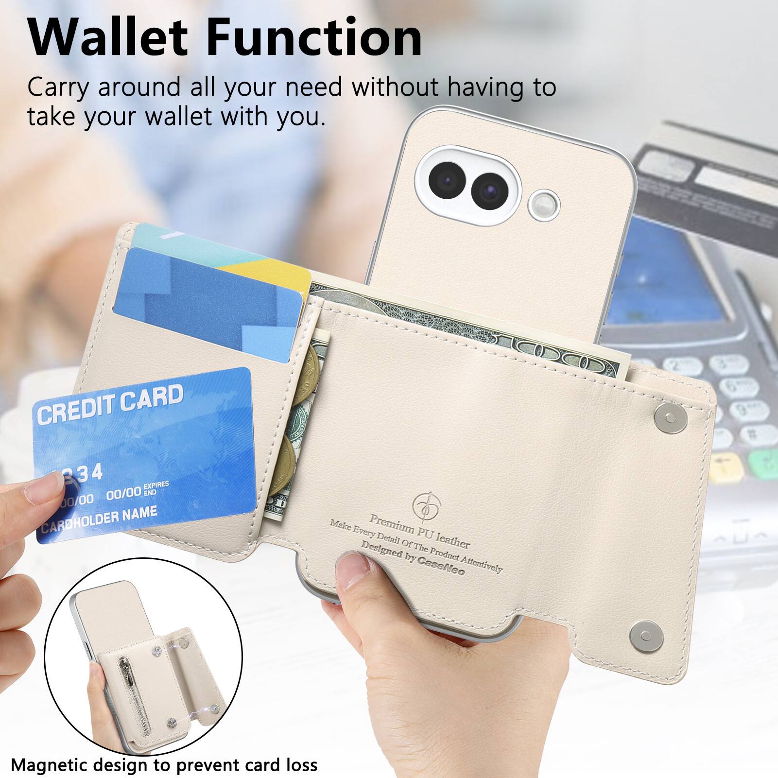 Wallet Function  
Carry around all your need without having to take your wallet with you.

CREDIT CARD  
34  
EXPIRES 00/00  
END 00/00  
CARDHOLDER NAME

Make Every Premium Detail PU Designed  
The leather by Product Caselleo Attentively

Magnetic design to prevent card loss