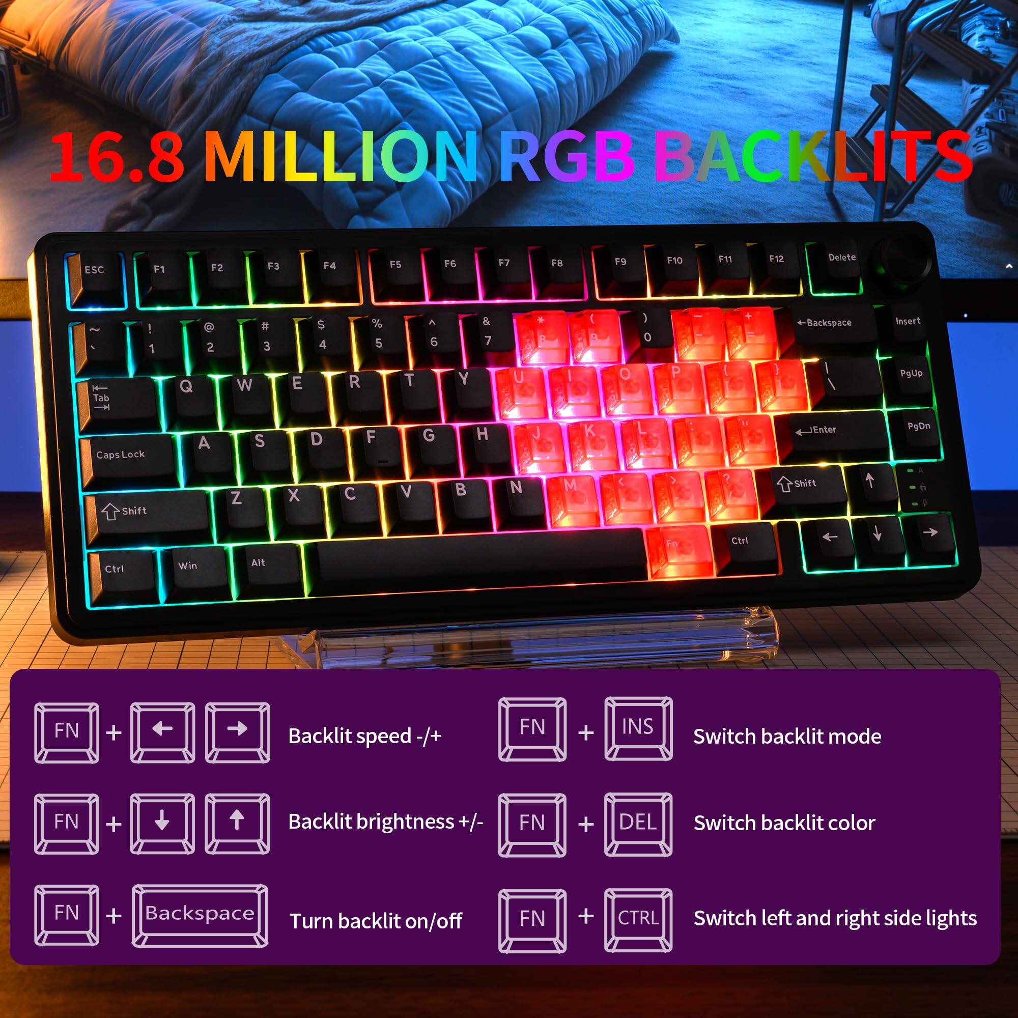 16.8 MILLION RGB BACKLITS

ESC F1 F2 F3 F4 F5 F6 F7 F8 F9 F10 F11 F12 Delete

1 2 3 4 5 6 7 8 9 0 - = Backspace

Tab Q W E R T Y U I O P

Caps Lock A S D F G H J K L

Shift Z X C V B N M

Shift Ctrl Win Alt

Backlit speed -/+ FN + Left/Right Arrow

Backlit brightness +/- FN + Up/Down Arrow

Turn backlit on/off FN + Backspace

Switch backlit mode FN + INS

Switch backlit color FN + DEL

Switch left and right side lights FN + CTRL