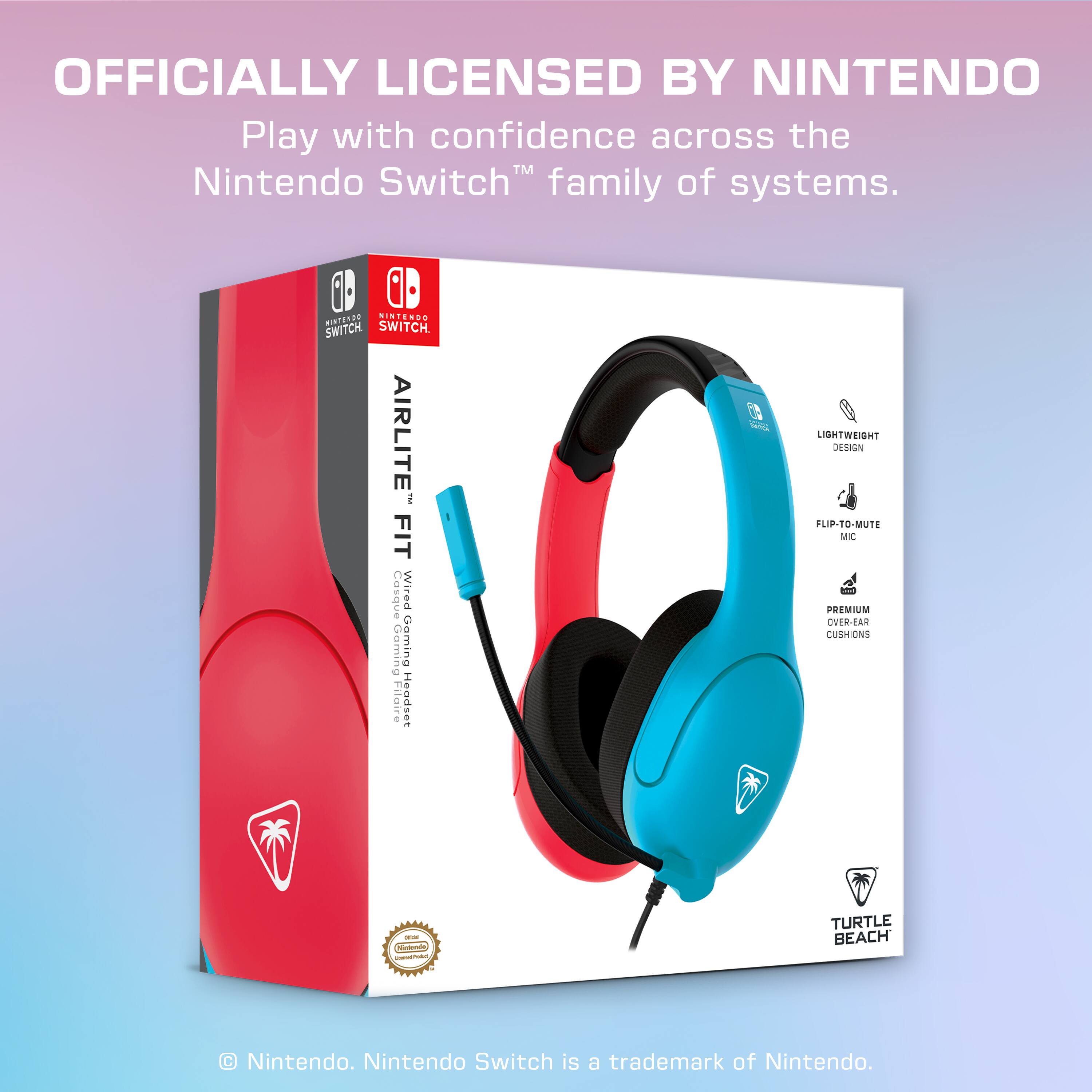 The text on the image is grouped and corrected as follows:

"Officially licensed by Nintendo. Play with confidence across the Nintendo Switch family of systems. AIRLITE FIT Wired Gaming Headset - LIGHTWEIGHT DESIGN FLIP-TO-MUTE MIC - PREMIUM OVER-EAR CUSHIONS - 1 TURTLE BEACH Nintendo Switch. Nintendo Switch is a trademark of Nintendo."