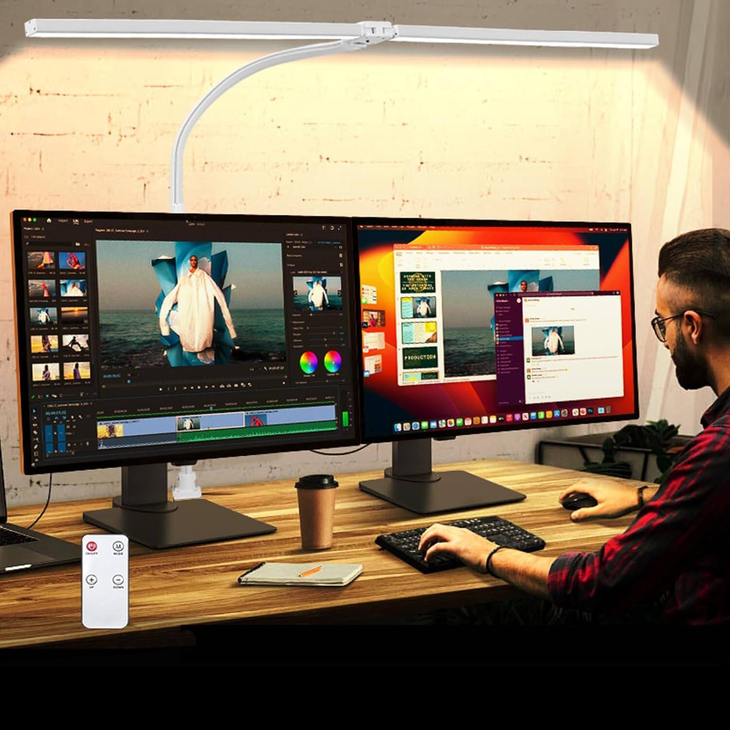 Front. Cozy Serene - white Desk Lamp Light LED Touch adjustable Double Head with Remote Control Home Office Brightest Computer - White-Base.