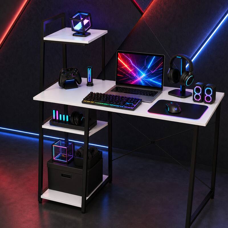 Angle. WELLFOR - 39.5" Computer Desk with Shelves and 3-Tier Storage Bookshelf, Laptop PC Work Table Writing Desk for Small Spaces - White.