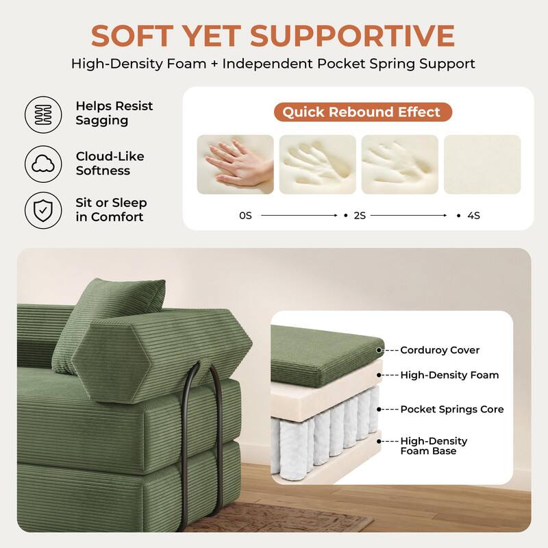 SOFT YET SUPPORTIVE  
High-Density Foam + Independent Pocket Spring Support

Helps Resist Sagging  
Quick Rebound Effect  
Cloud-Like Softness  
Sit or Sleep in Comfort

OS  
2S  
4S

Corduroy Cover  
High-Density Foam  
Pocket Springs Core  
High-Density Foam Base