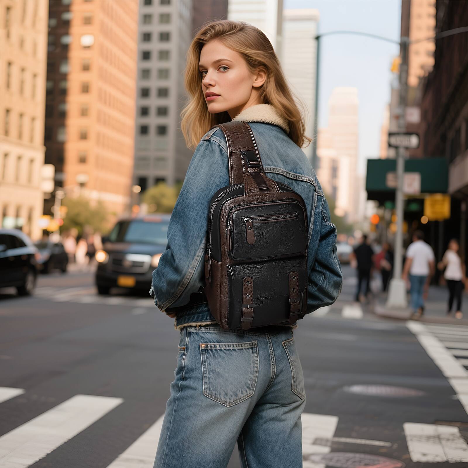 Alt View 5. Unique Bargains - Vintage PU Leather Sling Backpack Crossbody Shoulder Bag with Adjustable Strap Multi-Pocket Compact Travel Chest Bag - Brown Black.