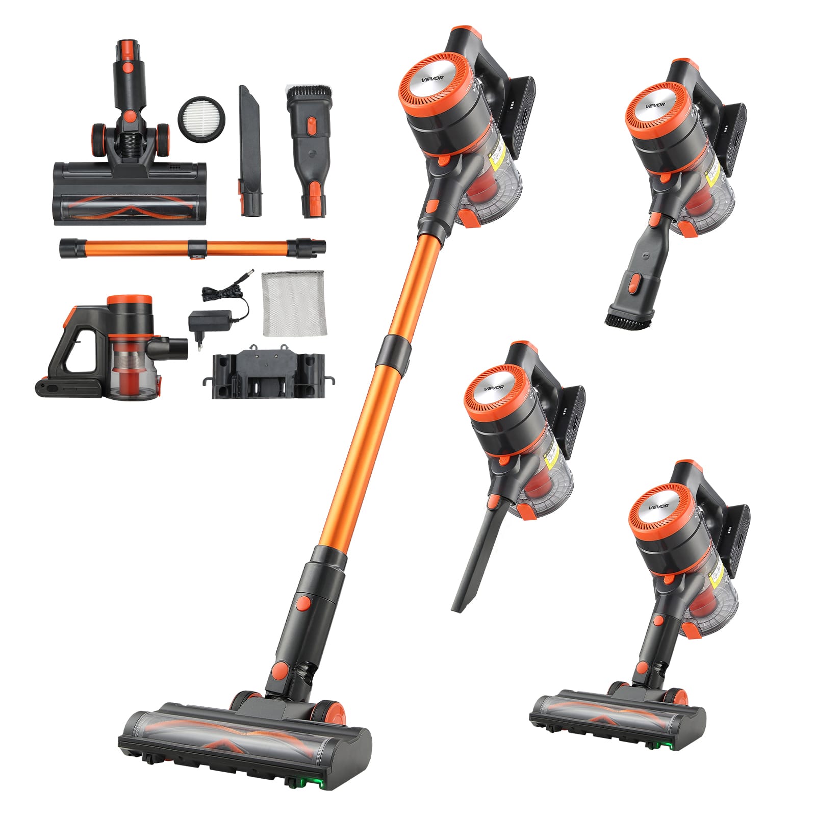 VEVOR - Cordless Vacuum Cleaner, 40KPA Max Suction, Rechargeable Anti-Tangle Stick Vacuum with LED Display Screen - Orange + Black
