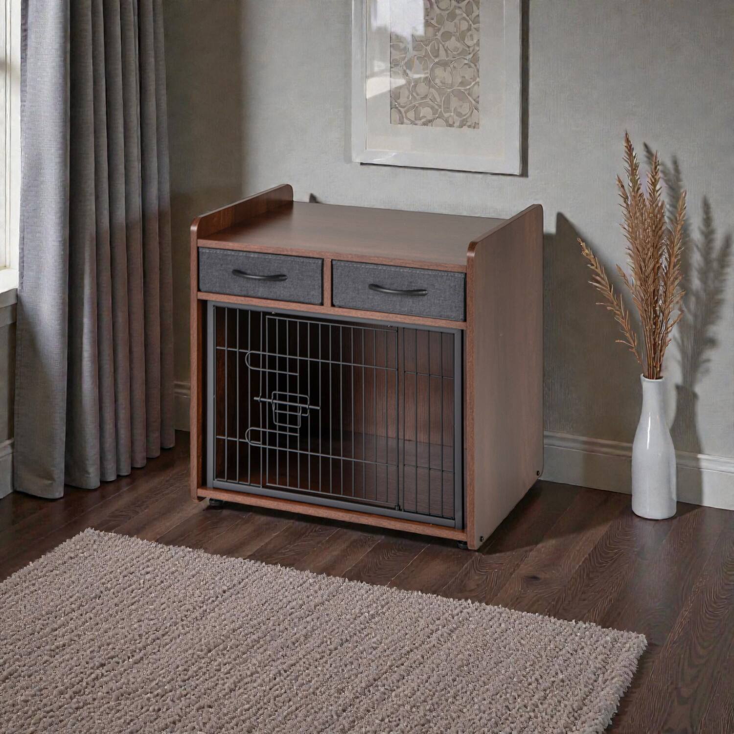Front. Hivvago - Pet Crate Side Table Featuring Two Fabric Storage Bins.
