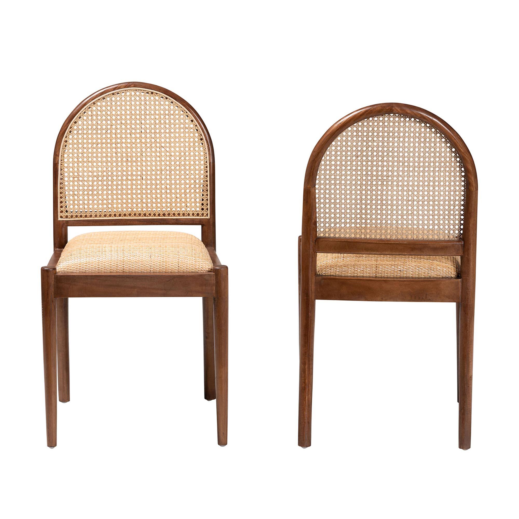 Angle. bali & pari - Maryland Modern Bohemian Natural Rattan and Acacia Wood 2-Piece Dining Chair Set - Natural/Walnut Brown.