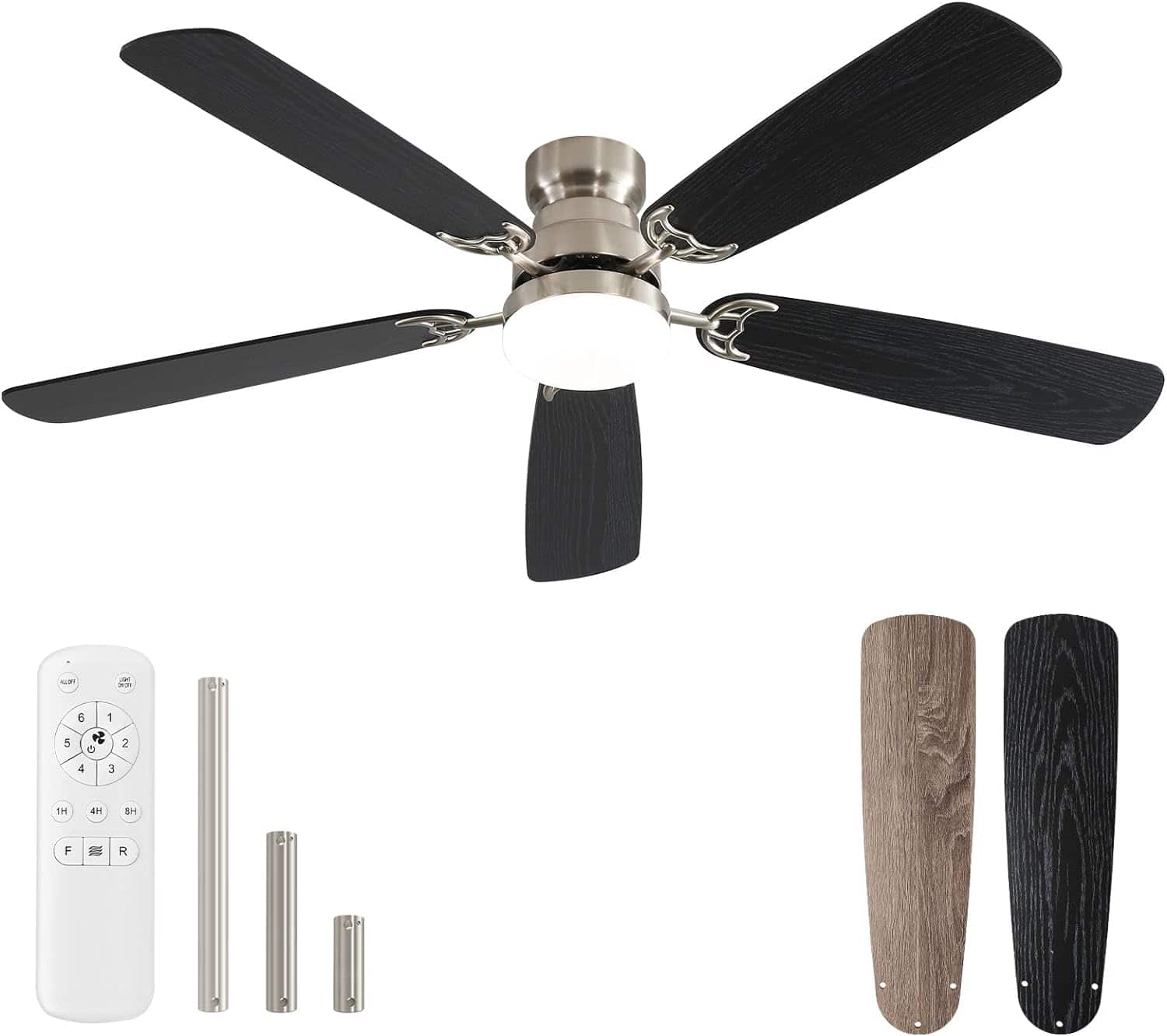 Front. Sofucor - 52 Inch Flush Mount Ceiling Fan With Light and Remote Modern 3 Downrods Ceiling Fans for Bedroom Indoor Outdoor - Nickel.