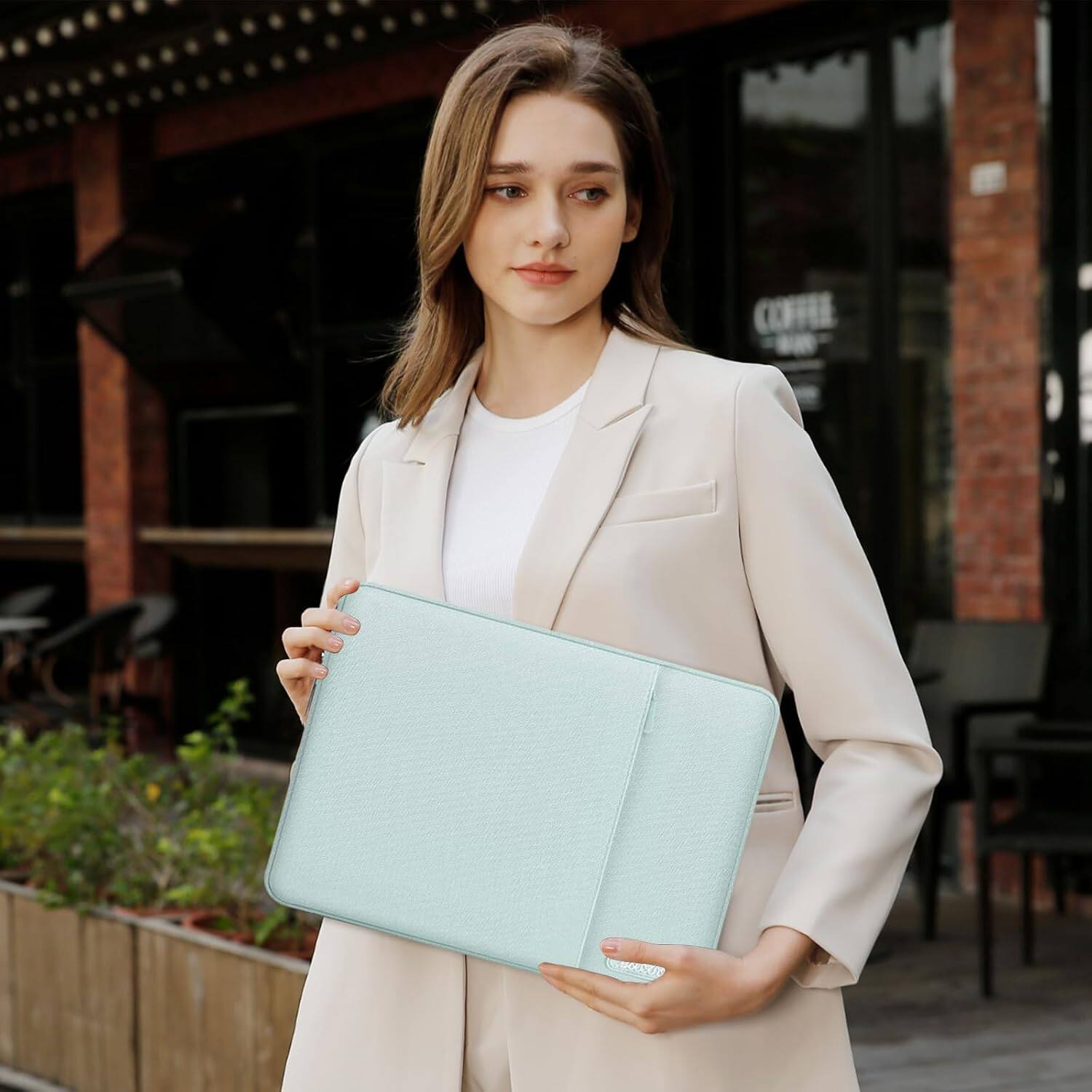 Alt View 1. mosiso - 15 inch Laptop Sleeve with Pocket, Polyester Vertical Case for MacBook Air 15 inch M5 M4 M3 M2, Acer Dell XPS Lenovo - Mint Green.