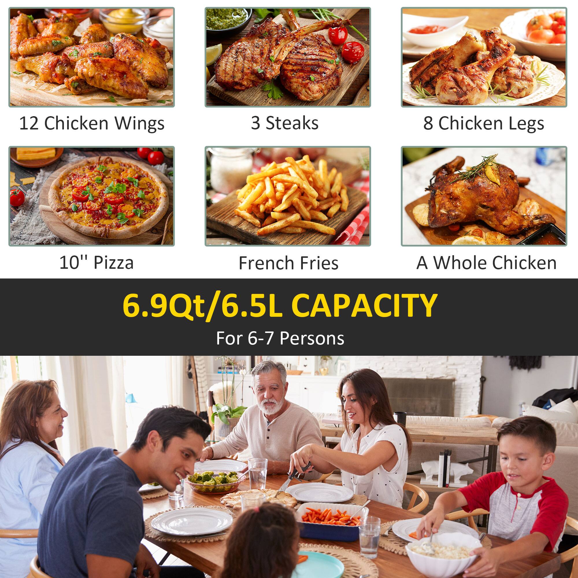 12 Chicken Wings  
3 Steaks  
8 Chicken Legs  
10" Pizza  
French Fries  
A Whole Chicken  

6.9Qt/6.5L CAPACITY  
For 6-7 Persons