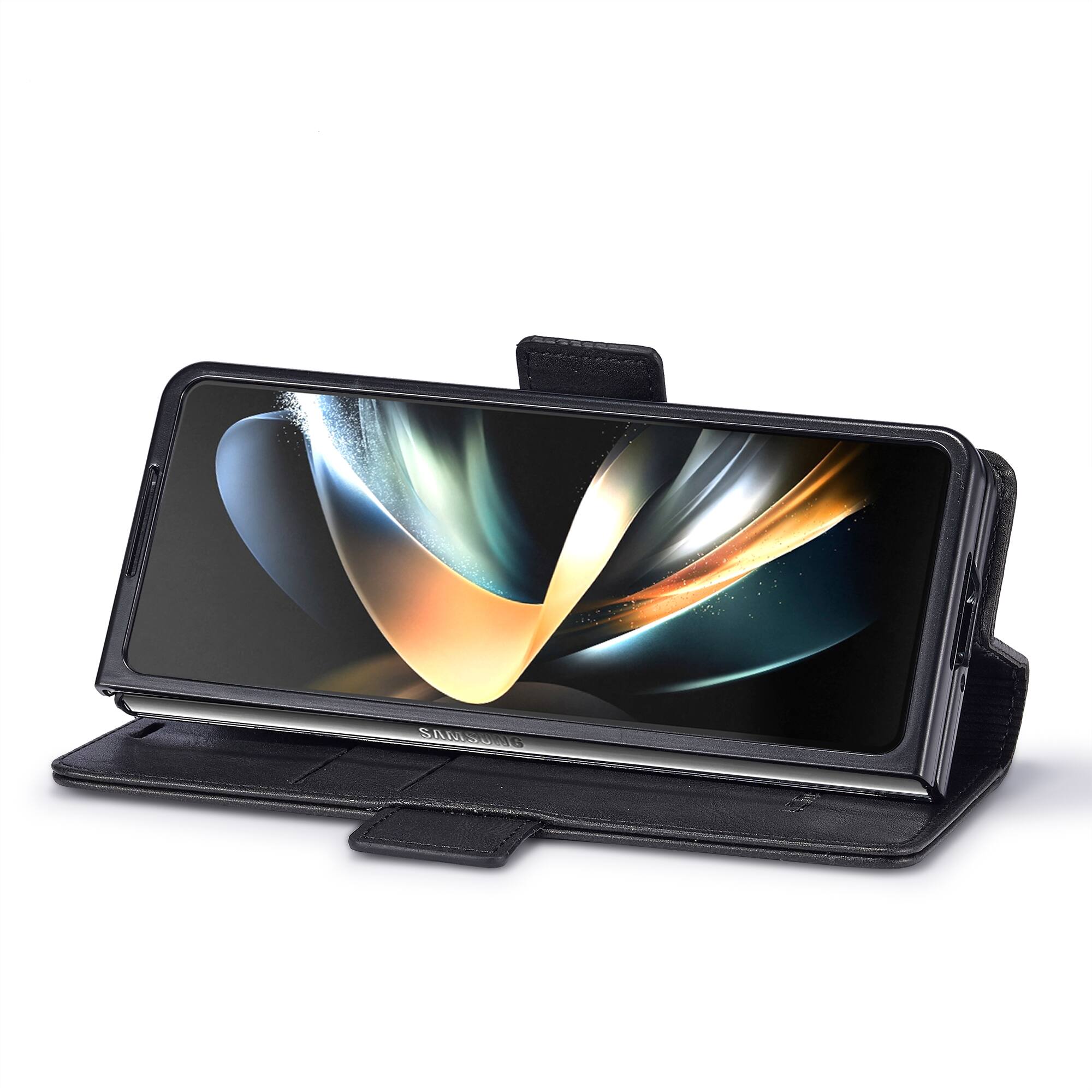 Back. Dteck - Wallet Case for Samsung Galaxy Z Fold 7, Magnetic PU Leather RFID Blocking Card Slots Kickstand Shockproof Cover - Black.