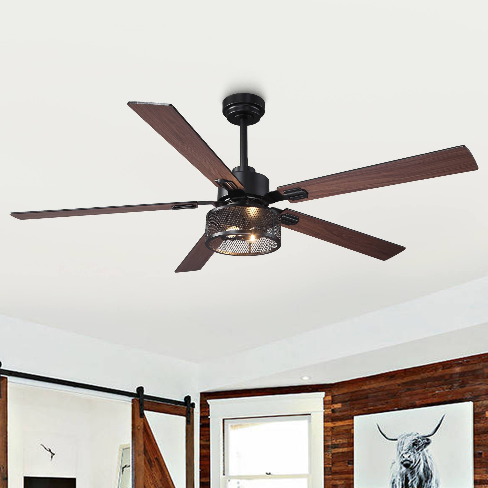 Front. Parrot Uncle - 60" Black Reversible Wood 5-Blade Smart Ceiling Fan with Light and APP Control - Matte Black.