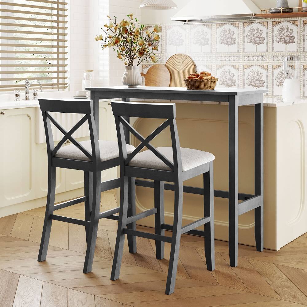 Front. Loheer - Loheer Farmhouse 48-Inch Bar Height Dining Set, 3-Piece Table with 2 Chairs for Small Spaces, Gray Beige - Gray+Beige.