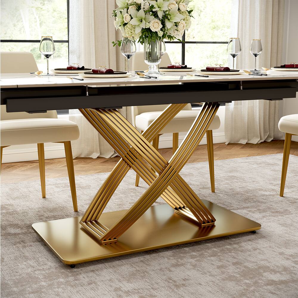 Alt View 7. POVISON - 55"-79" Modern Luxury Extendable Dining Table for 4-6, White Glossy Sintered Stone Top with Titanium Gold X-Base - White.