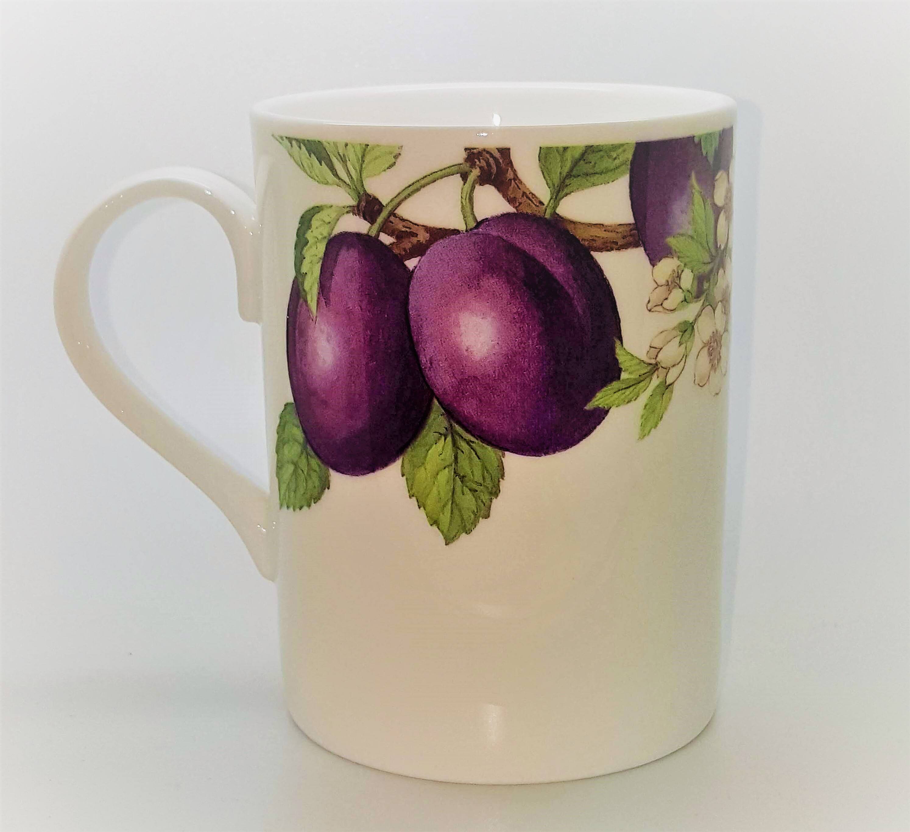 Left. Jiallo - Roy Kirkham LUCY MUG-PLUM  FRUIT TREE, Set of 6, Bone China Ceramic, Made in England - Mutli color.