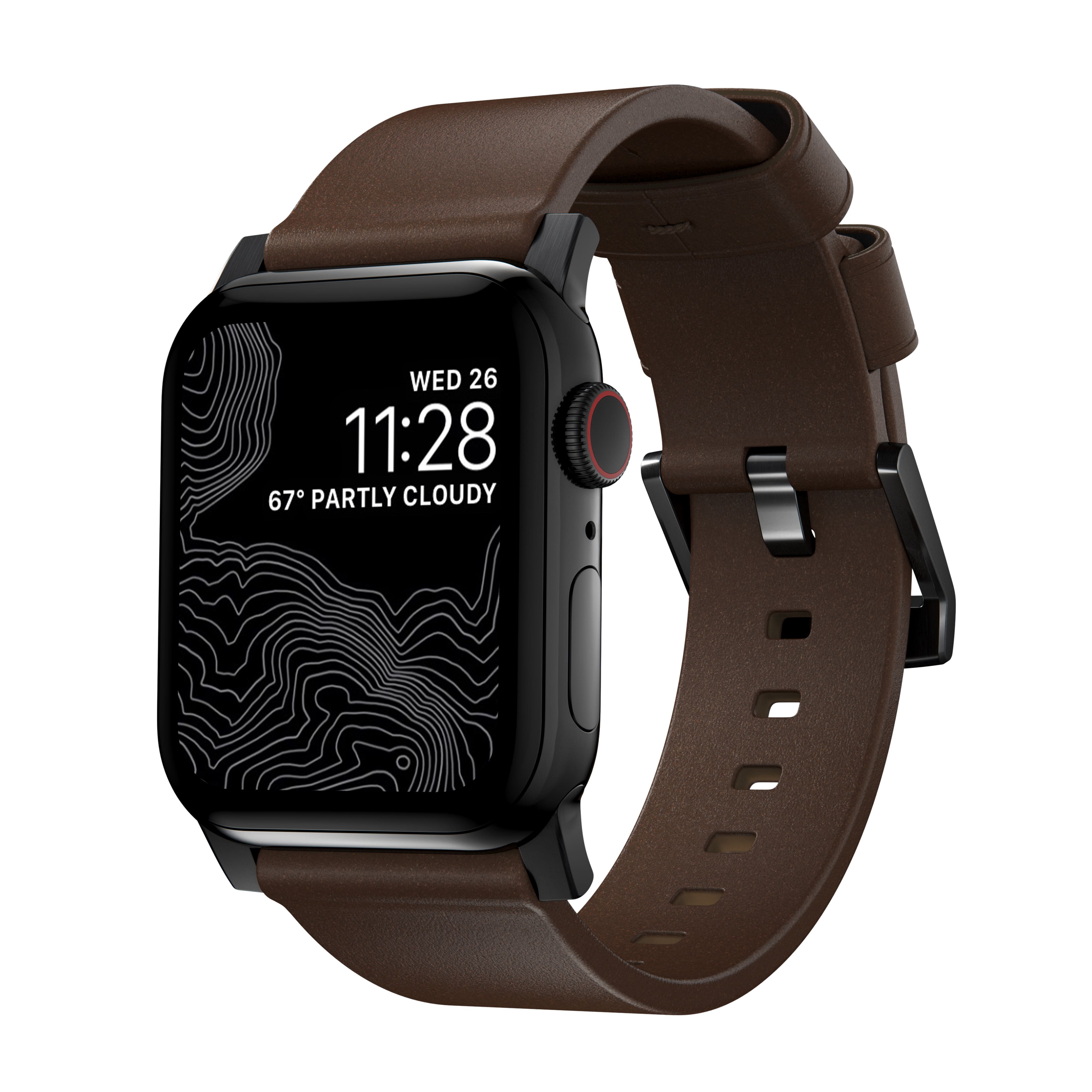 Nomad - Modern Leather Watch Strap for Apple Watch 44mm/45mm/49mm - Brown with black lugs - Front_Zoom
