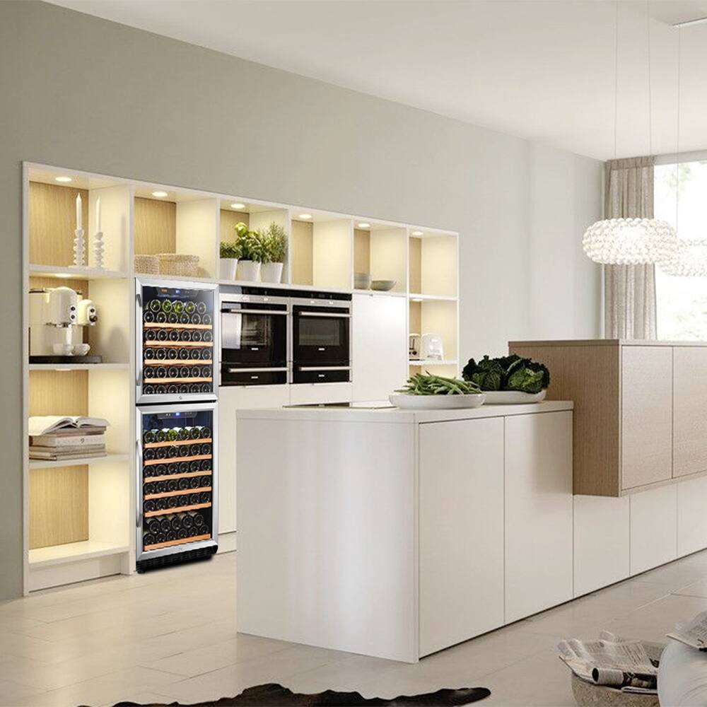 Angle. Lanbo - Freestanding/Built-In 24 Inch 130 Bottle Dual Zone Wine Fridge with Smooth Rolling Shelves and 2 Independent Zones - Black.