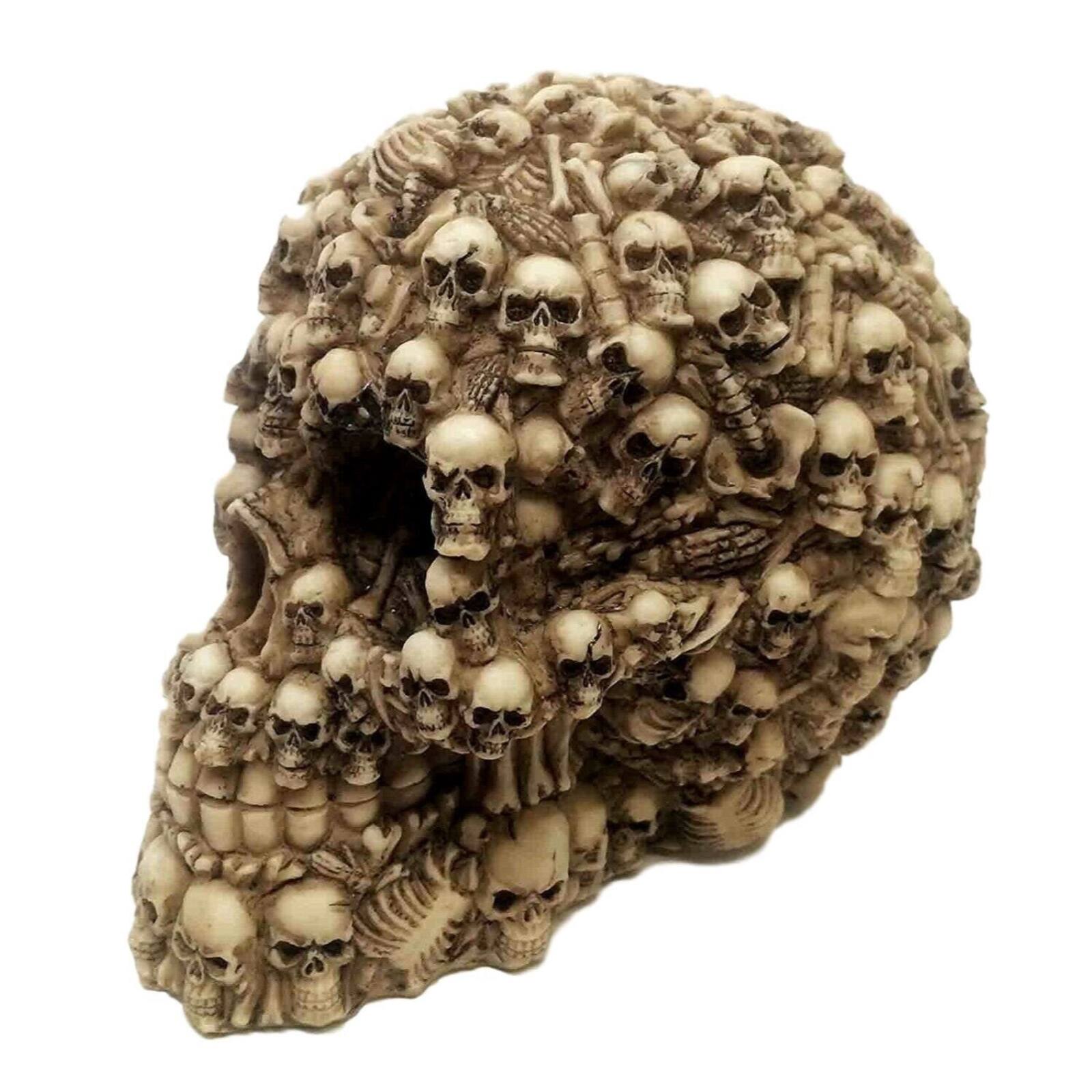 Left. Pacific Trading - Boneyard Skull with Human Skulls Halloween Figurine 5 inch - Beige.
