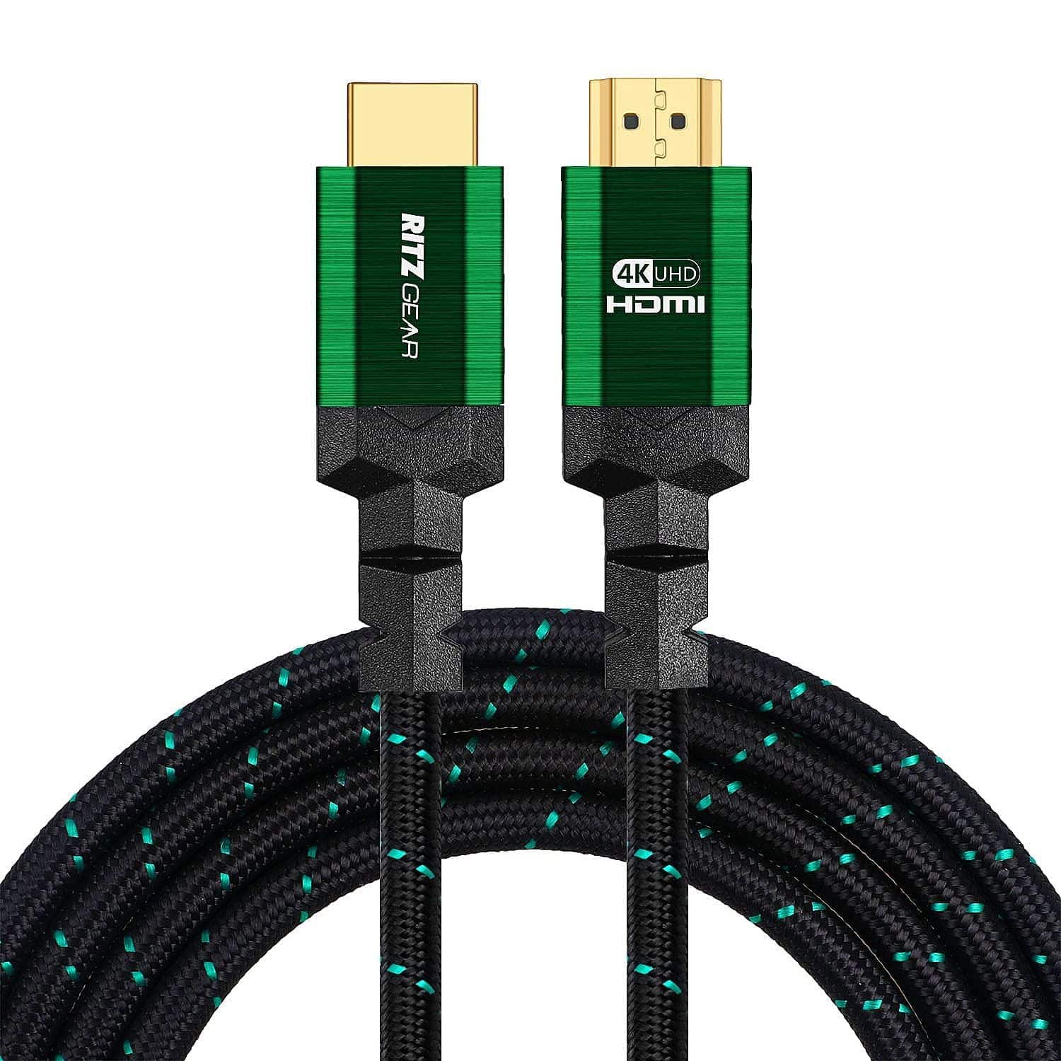 4K HDMI Cable 15 ft [3-Pack] Braided Nylon & 24K Gold Connectors | Ritz Gear High Speed HDMI 2.0 w/ Ethernet - Green