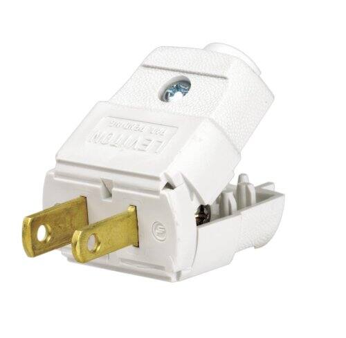 Angle. Leviton - 016-00101-0WP Light-Duty Polarized Plug, 125V 15A, 2-Pole 2-Wire - White.