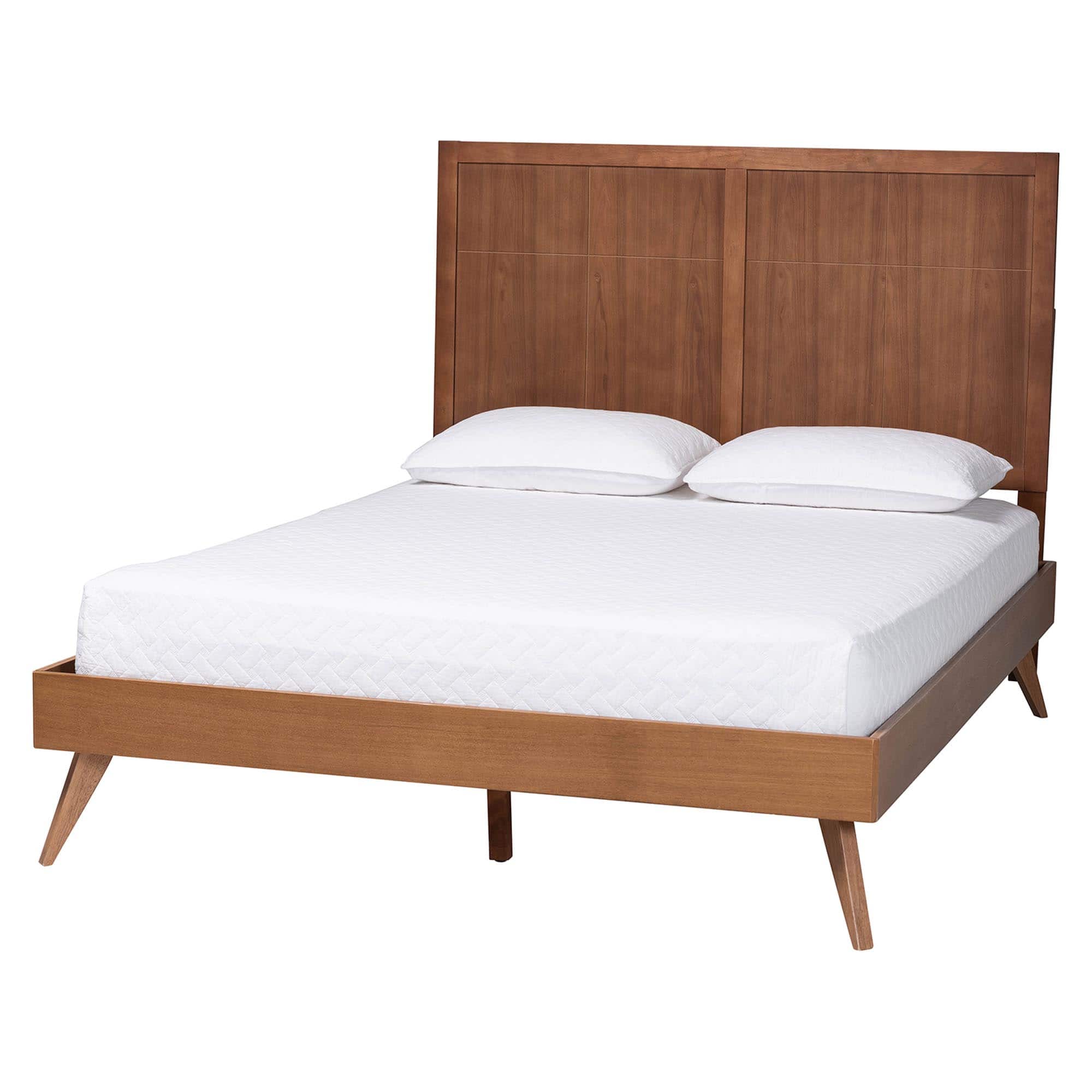 Baxton Studio - Noela Platform Bed - Mid-Century Modern Wood Bed Frame with Panel Headboard and Angled Legs for Bedroom, Queen - Ash Walnut