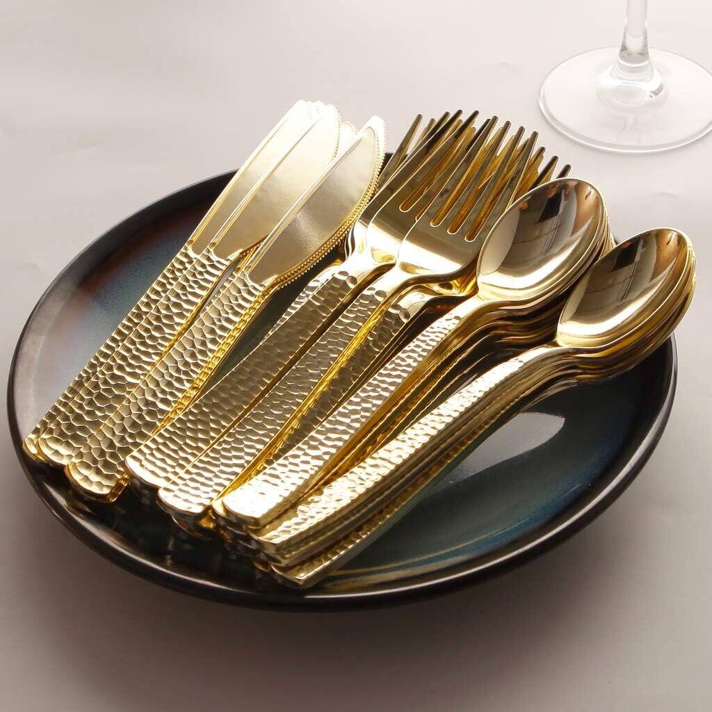 Left. Dazzed Corner - 300 PCS Gold Plastic Silverware - Heavy Duty Plastic Cutlery Set - Gold.