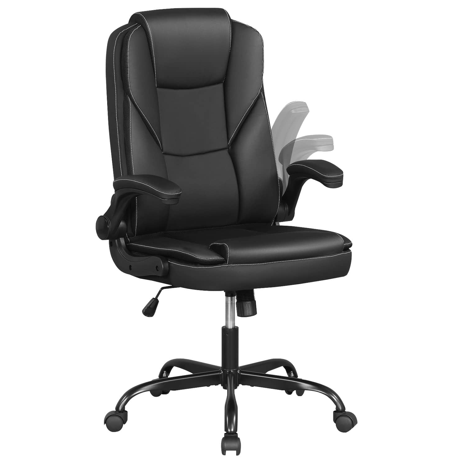 WELLFOR - Leather Office Chair Ergonomic Computer Desk Chair with Flip-up Armrests Rocking Function - Black