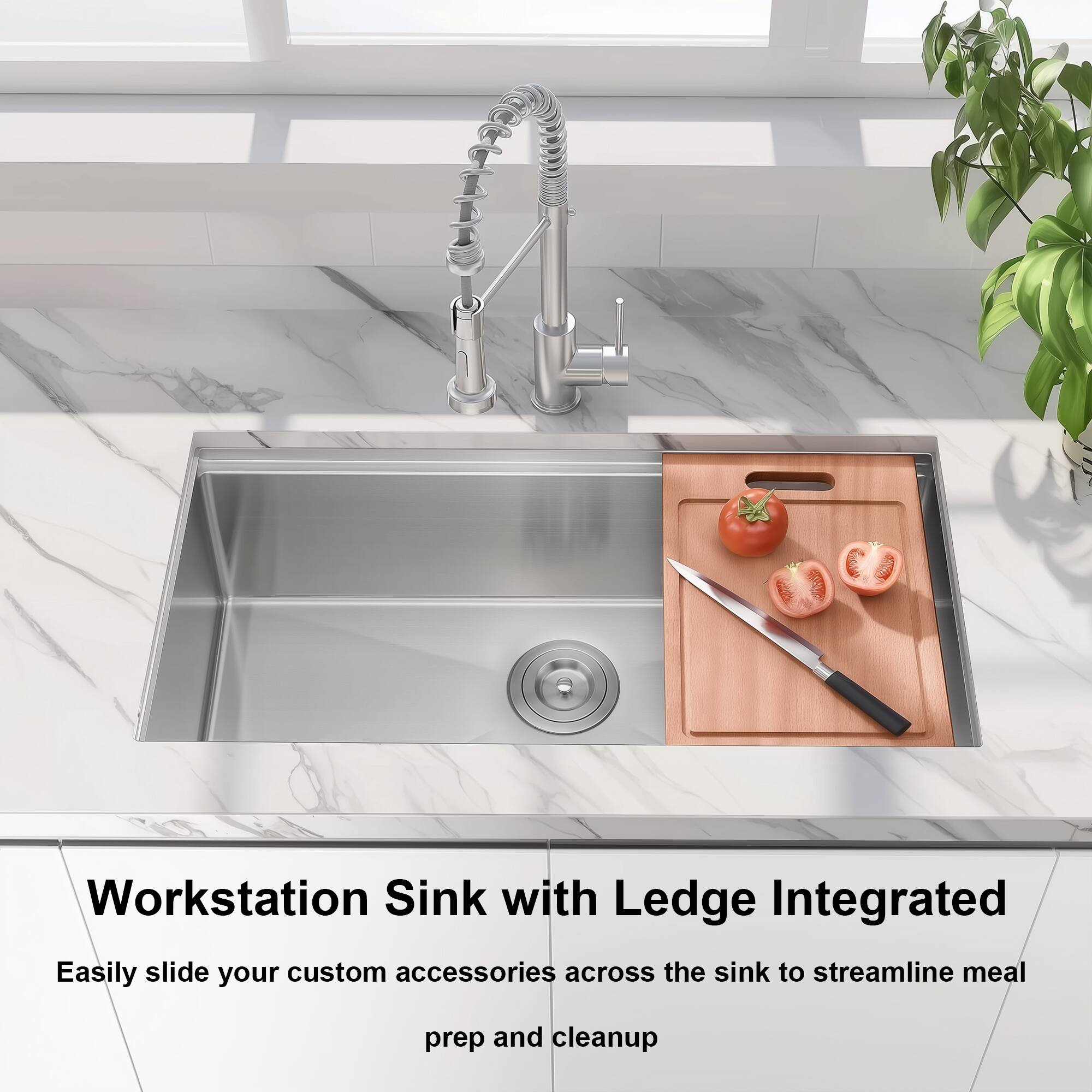 Workstation Sink with Ledge Integrated

Easily slide your custom accessories across the sink to streamline meal prep and cleanup