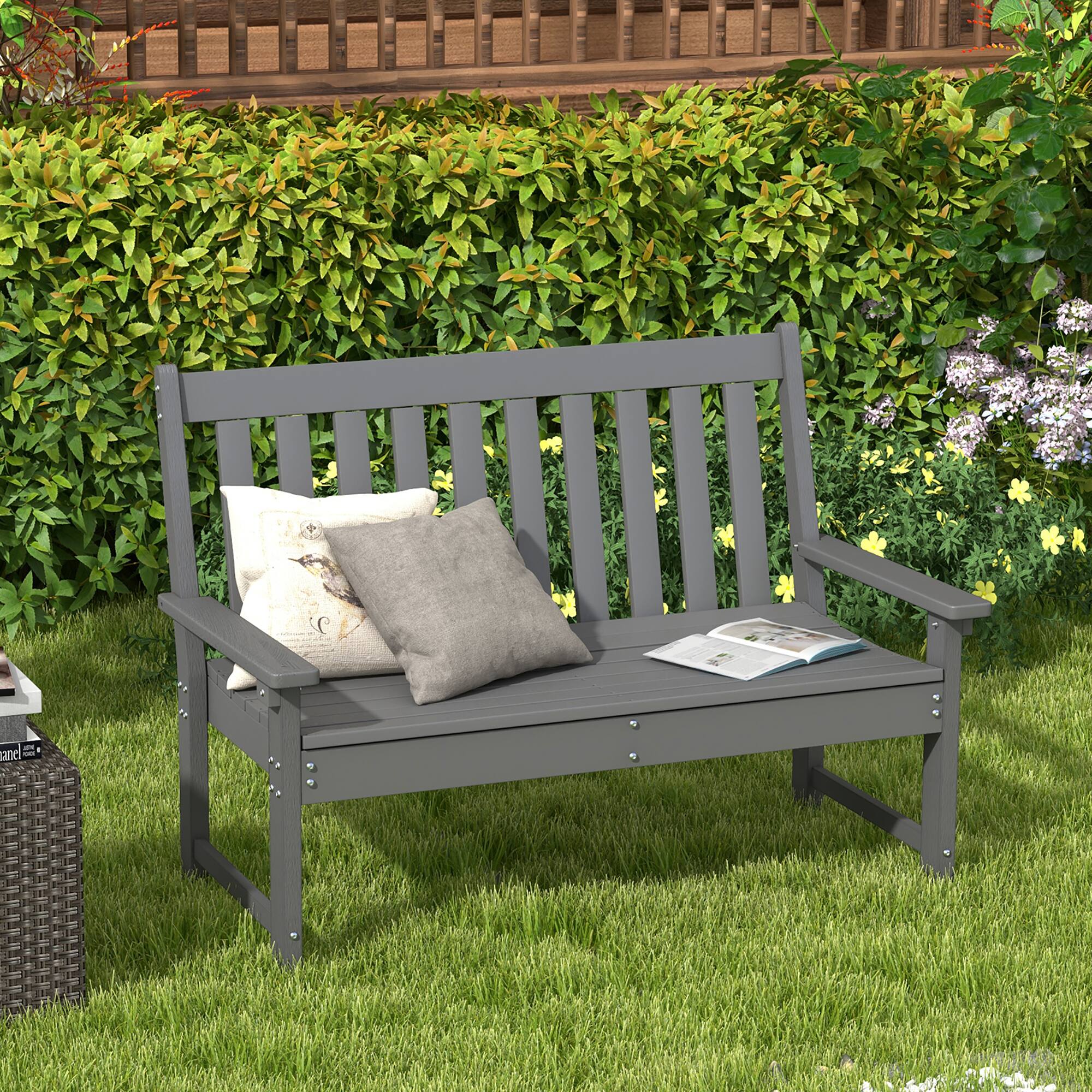 Alt View 4. Gymax - Gymax Garden Bench All-Weather HDPE 2-Person Outdoor Bench for Front Porch Backyard - Gray.