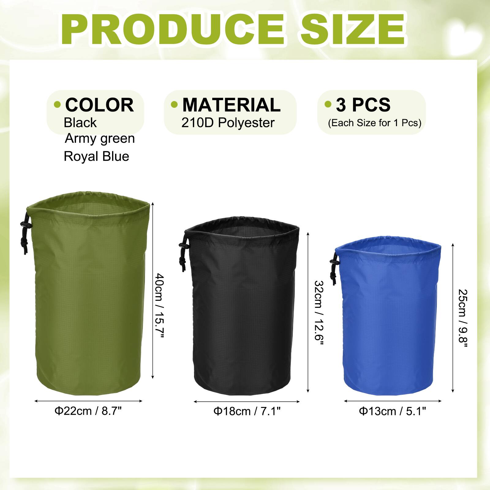 PRODUCE SIZE COLOR MATERIAL

Black  
Army green  
Royal Blue  

210D Polyester  

3 PCS (Each Size for 1 Pcs)  

40cm / 15.7"  
32cm / 12.6"  
25cm / 9.8"  

22cm / 8.7"  
18cm / 7.1"  
13cm / 5.1"